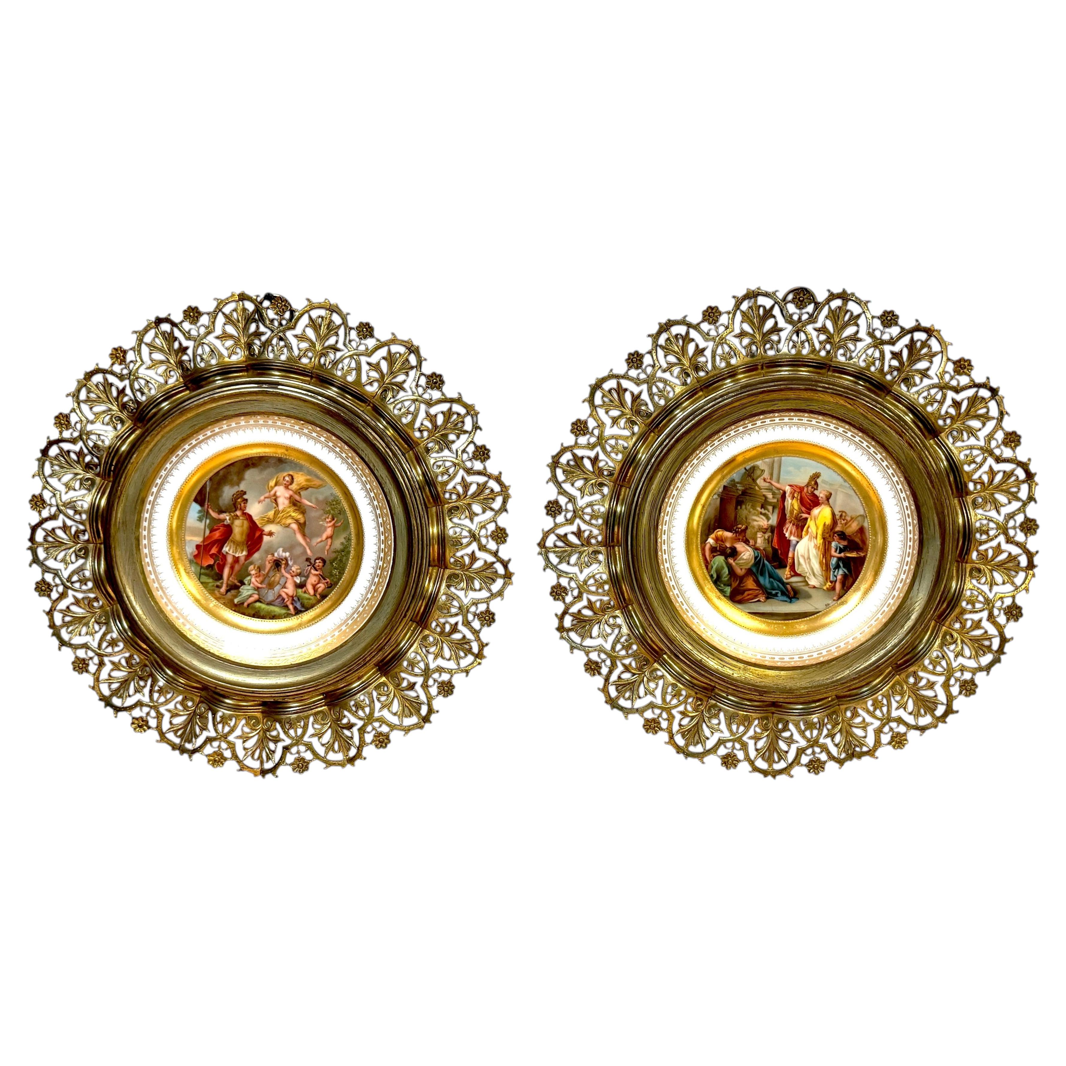 Pair Vienna Mythological Porcelain Plates in Pierced Gilt-Bronze Roman Frames