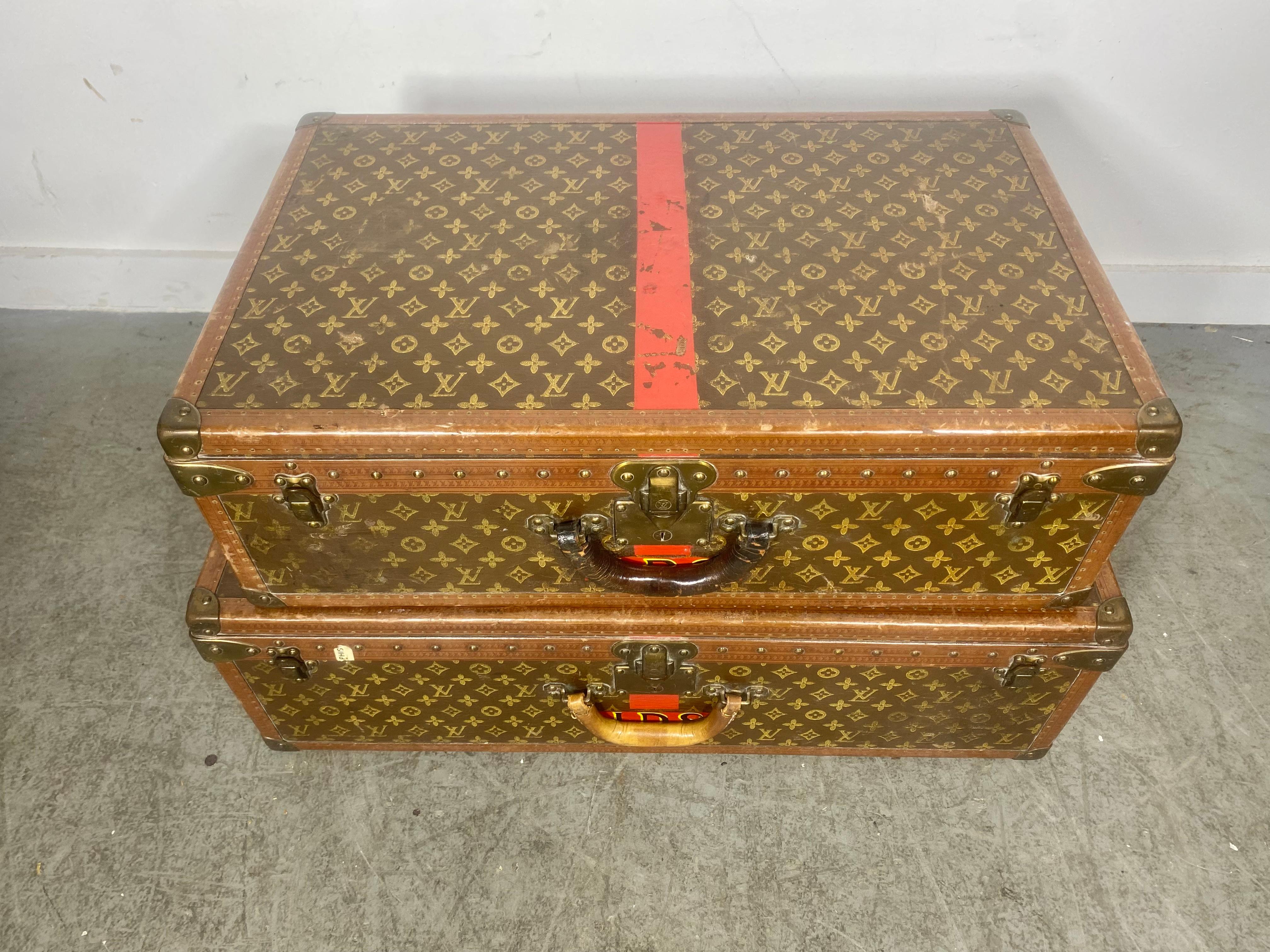 Pair Vintage 1920's, 30's Louis Vuitton Alzer 80 and 70 monogram luggage .Original hardware/detailing with leather handles. Personalized hand painted red stripes with initials IDS.. Amazing original condition,, Age appropriate wear.
