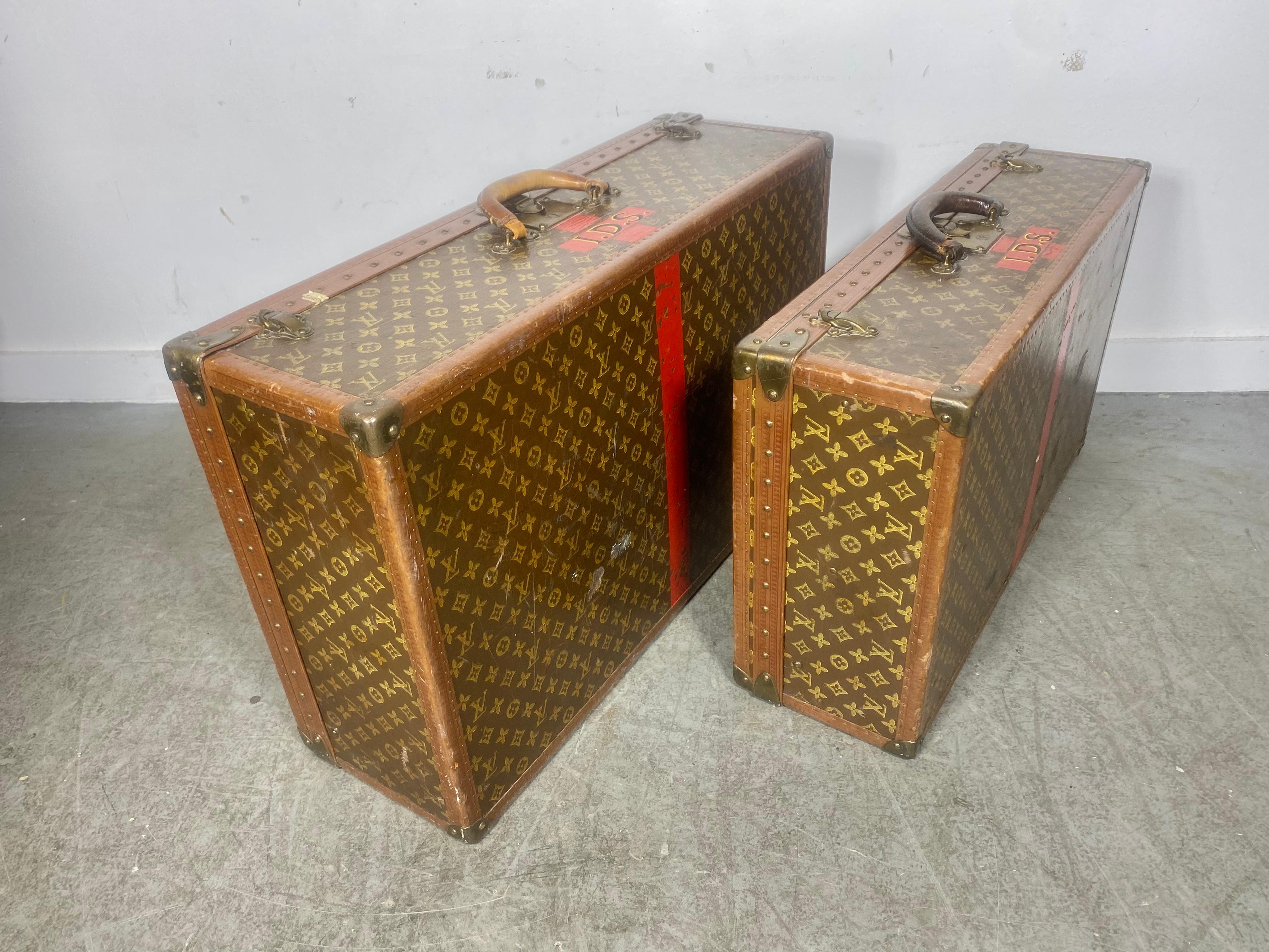 French Pair Vintage 1920's, 30's Louis Vuitton Alzer 80 and 70 monogram luggage  For Sale