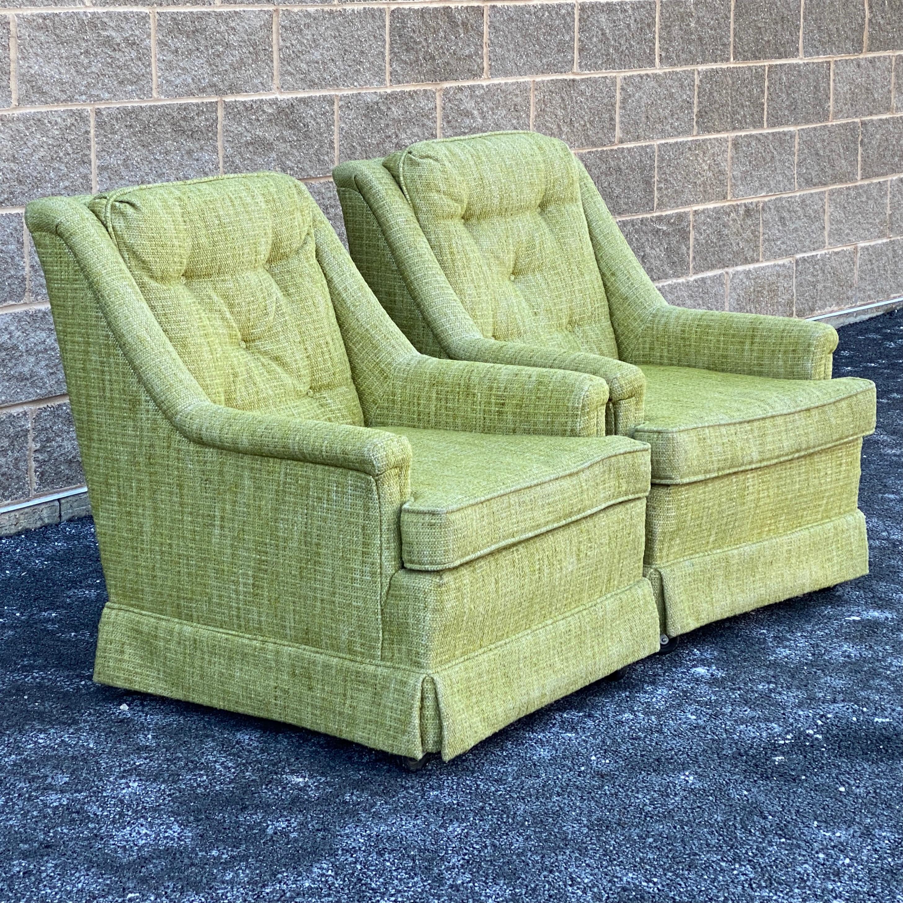 Mid-Century Modern Paire de fauteuils de salon vintage verts Flexsteel des années 1970 en vente