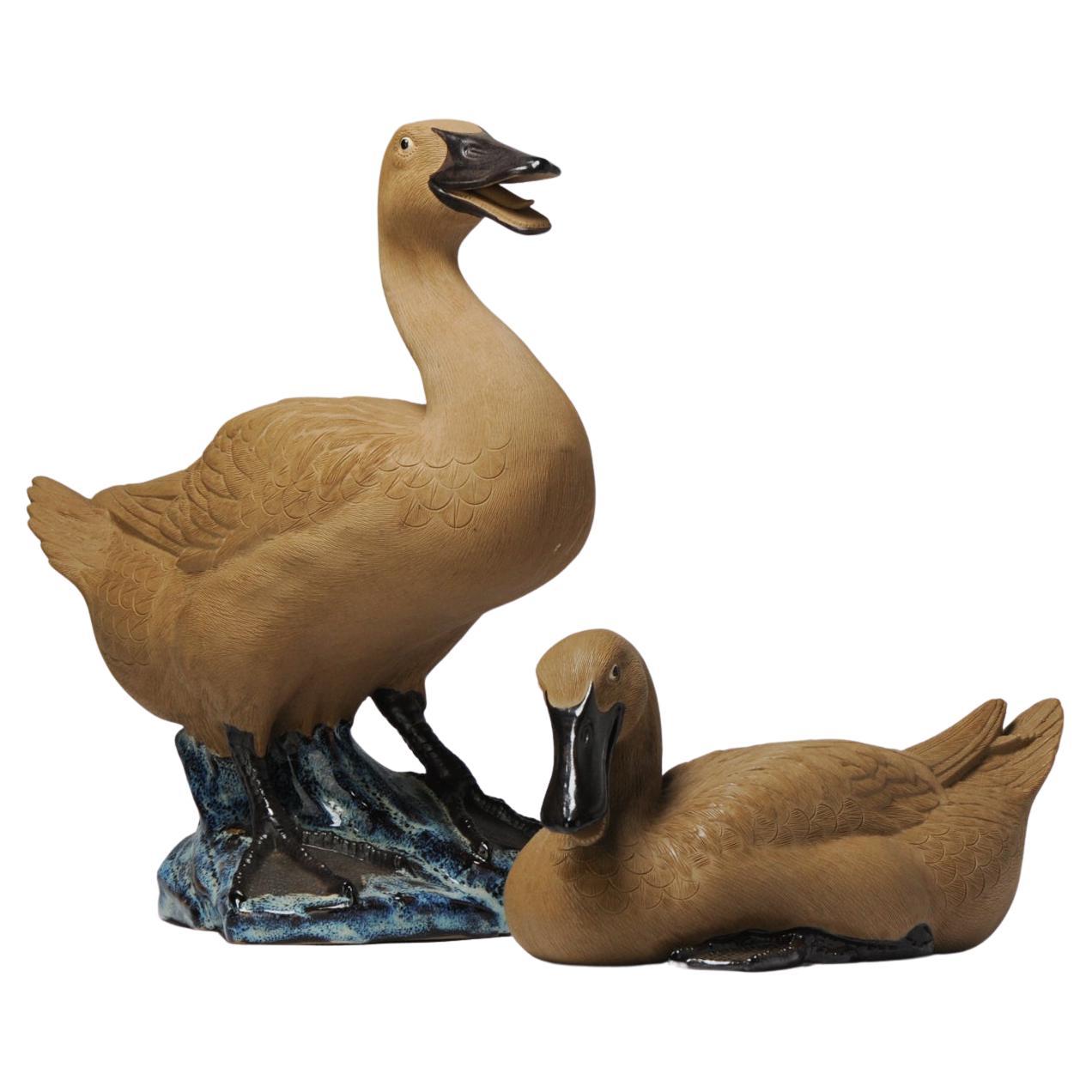 Pair Vintage 1980-1990 Chinese Shiwan Duck Statues China Porcelain For Sale