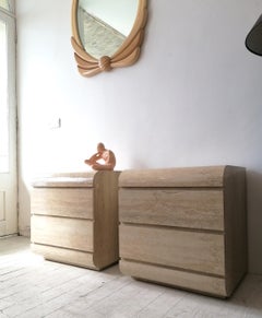 Pair Vintage 1980s Waterfall Cabinets / Nightstands in Faux Travertine Laminate