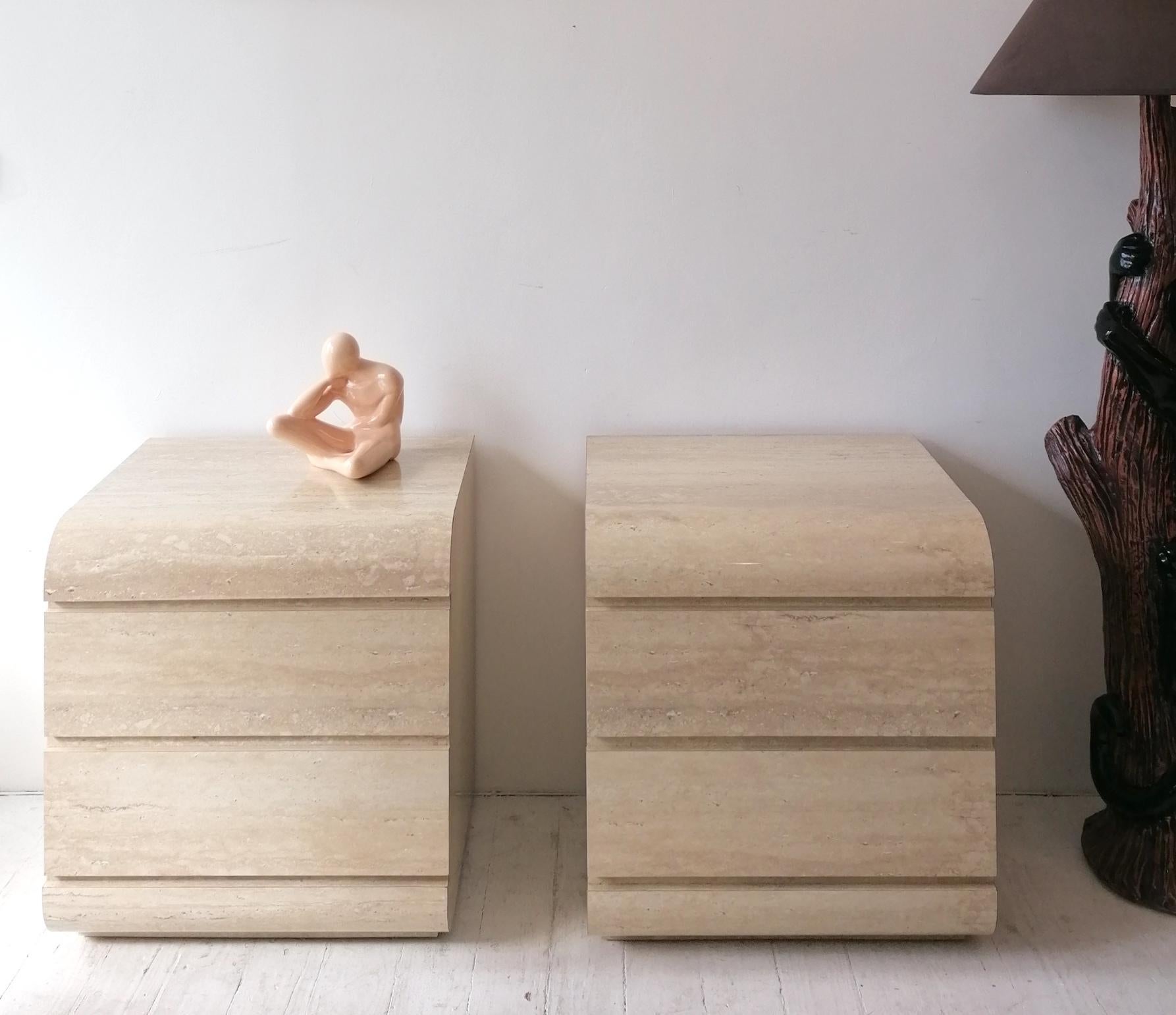 Late 20th Century Pair Vintage 1980s Waterfall Cabinets / Nightstands in Faux Travertine Laminate