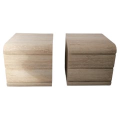 Pair Retro 1980s Waterfall Cabinets / Nightstands in Faux Travertine Laminate