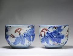 Pair Vintage 20 C Chinese Porcelain Proc Liling Jardiniere China Rooster