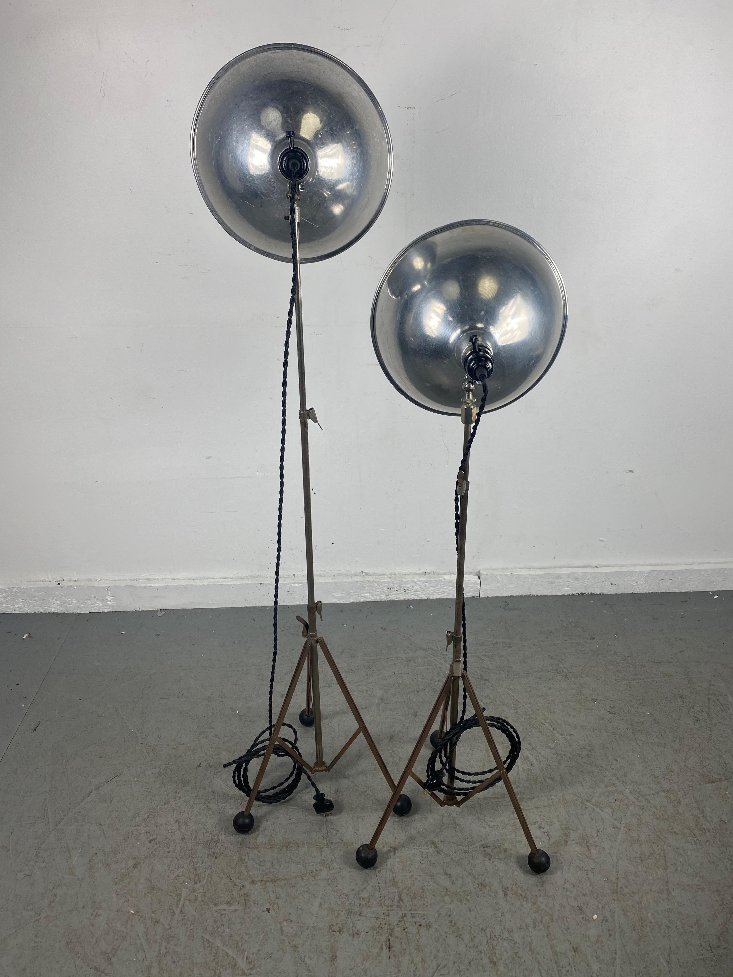 American Pair Vintage Adjustable Height Photo Lamps, Industrial, Atomic Tri-Pod Base's For Sale