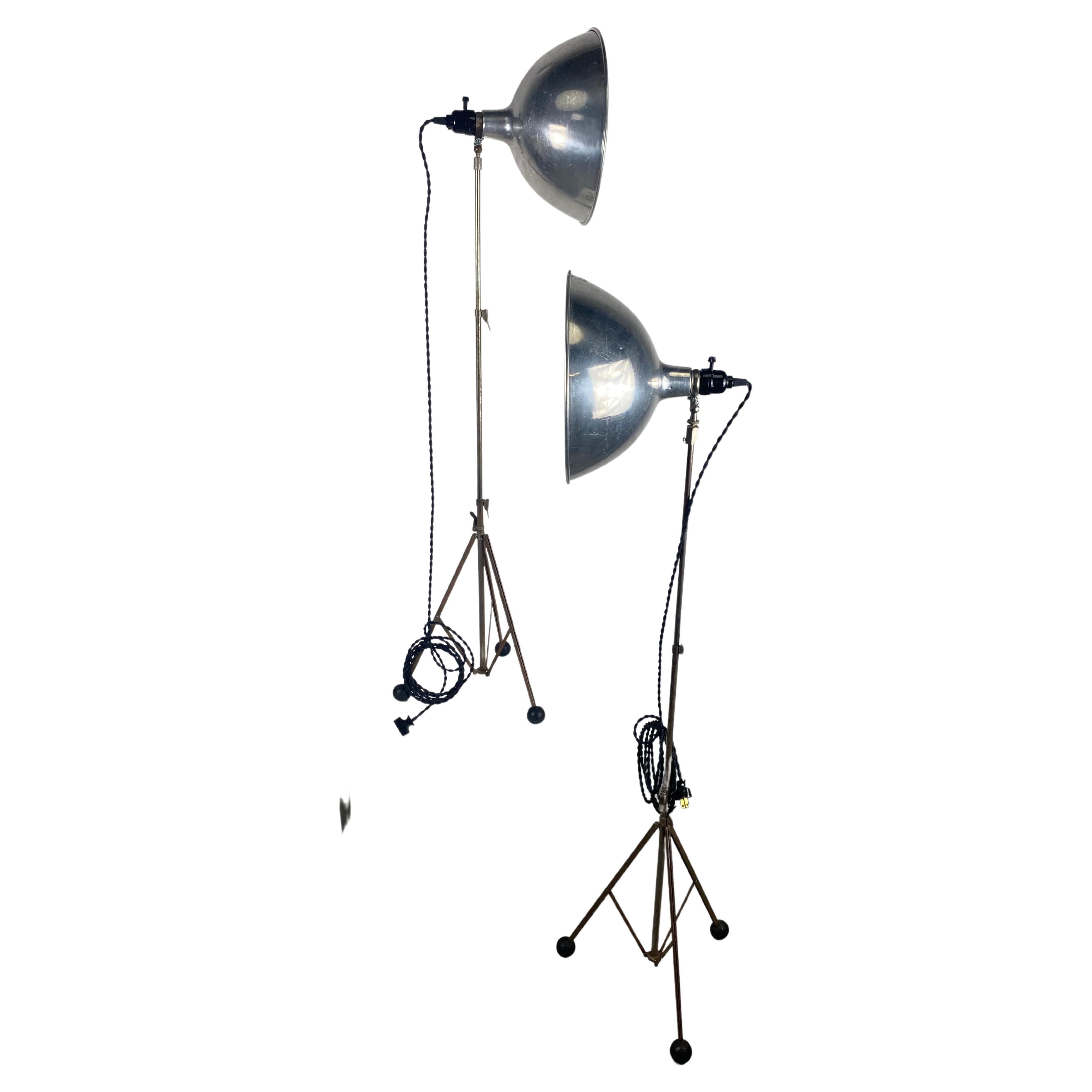 Pair Vintage Adjustable Height Photo Lamps, Industrial, Atomic Tri-Pod Base's For Sale