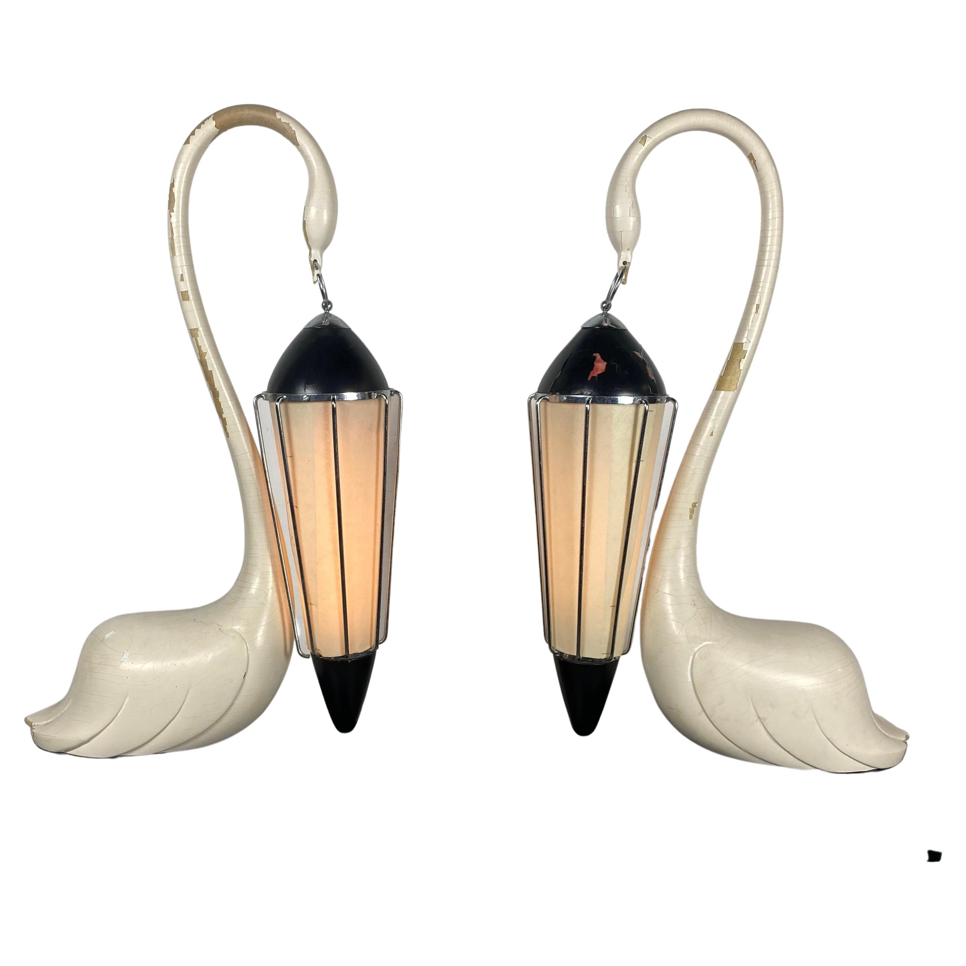 Pair Vintage Aldo Tura Swan Lacquer Wood and Brass Lamps, 1950s, Italy For Sale
