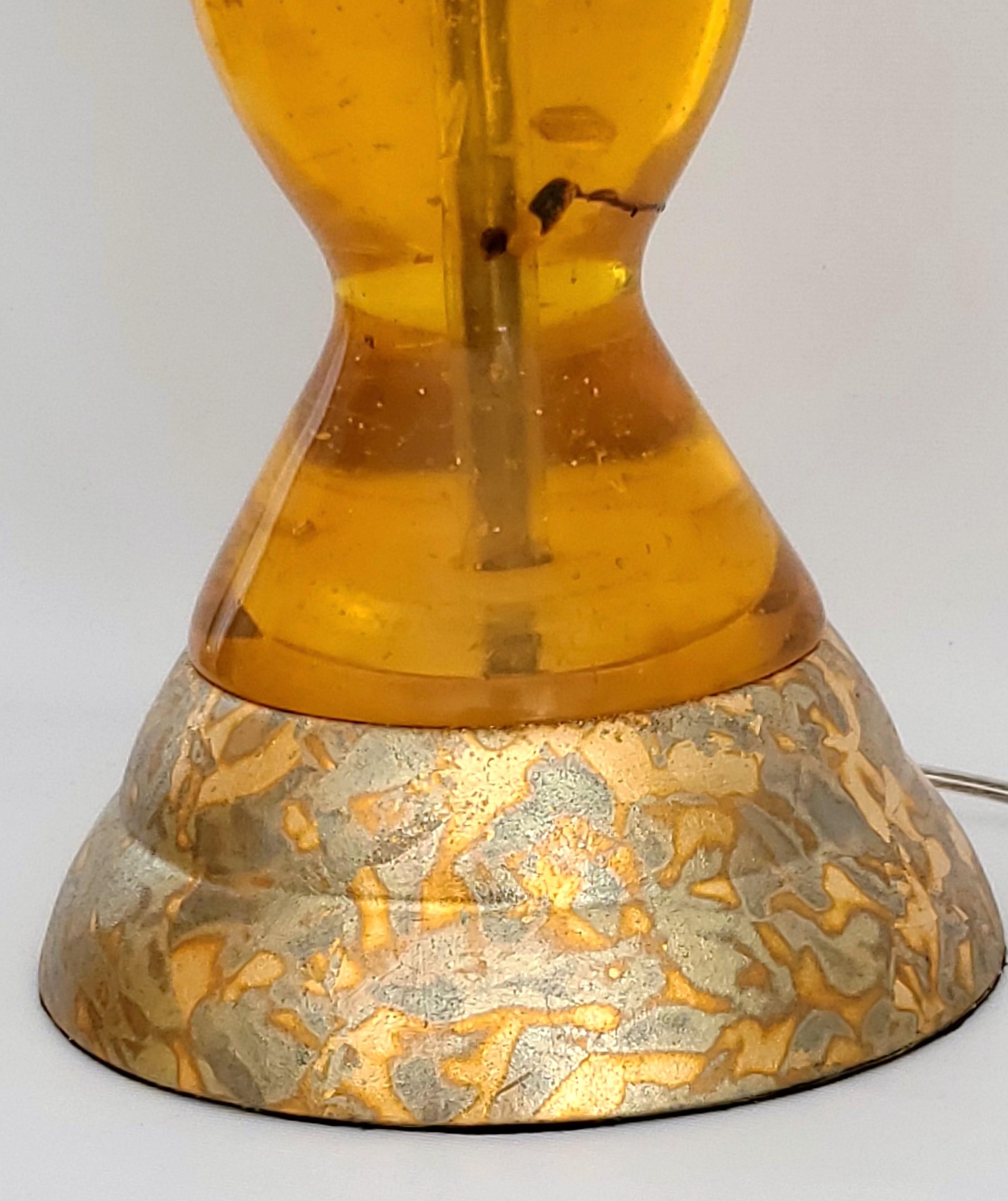 Brass Pierre Giraudon Style Vintage Amber Colored Lucite Table Lamps & Gold Leaf Bases For Sale