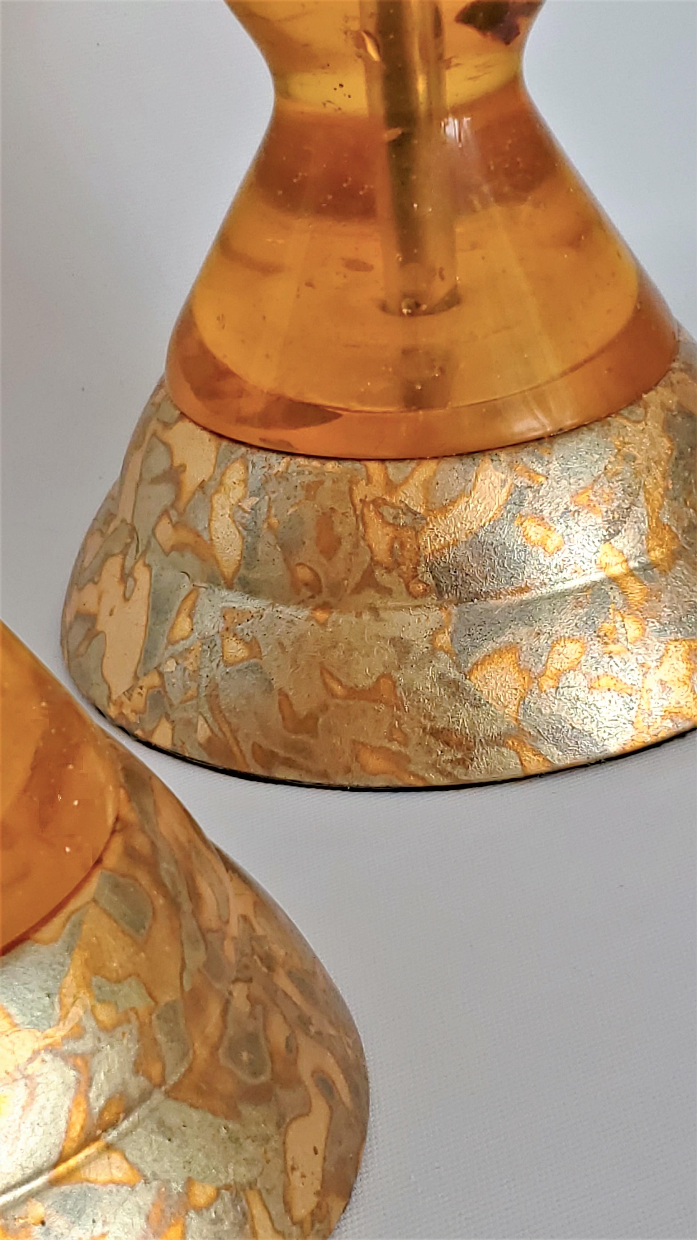 Pierre Giraudon Style Vintage Amber Colored Lucite Table Lamps & Gold Leaf Bases For Sale 1
