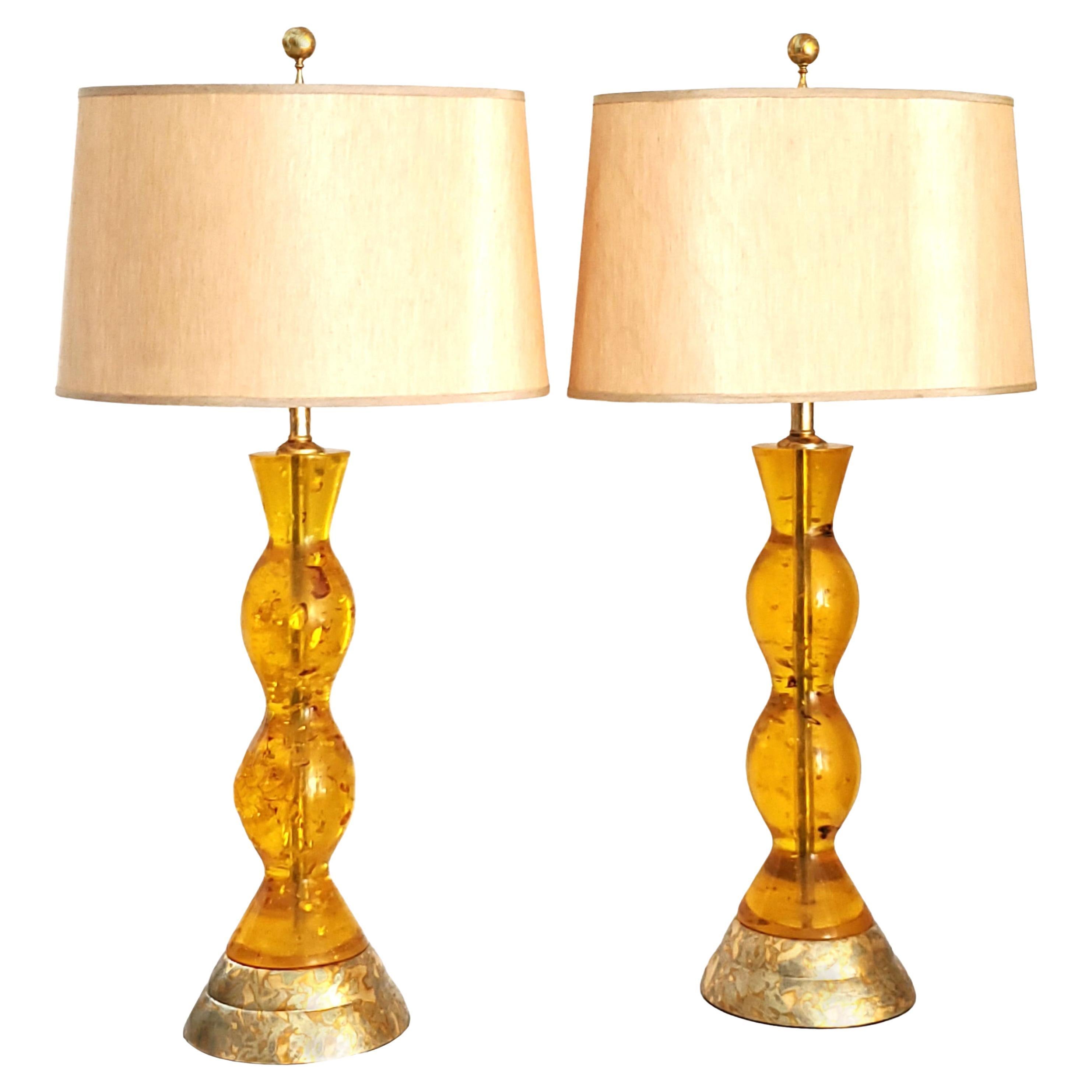 Pair Vintage Amber Colored Lucite Table Lamps with Gold Leaf Bases and Finials