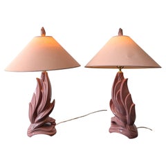 Pair Vintage American deco revival mauve pink ceramic abstract bird/flame lamps