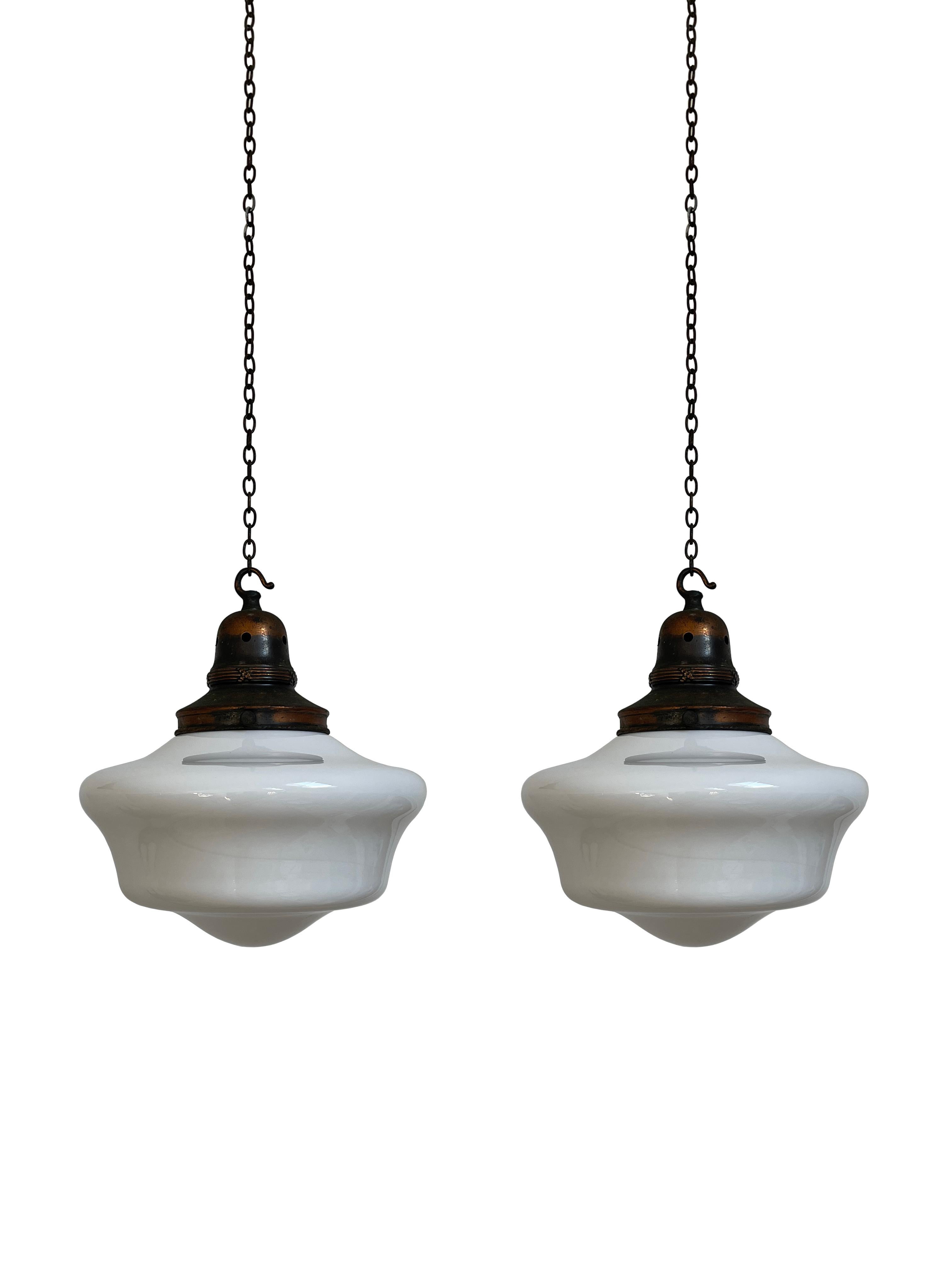 20th Century Pair Vintage Antique Church Opaline Milk White Glass Ceiling Pendant Light Lamp