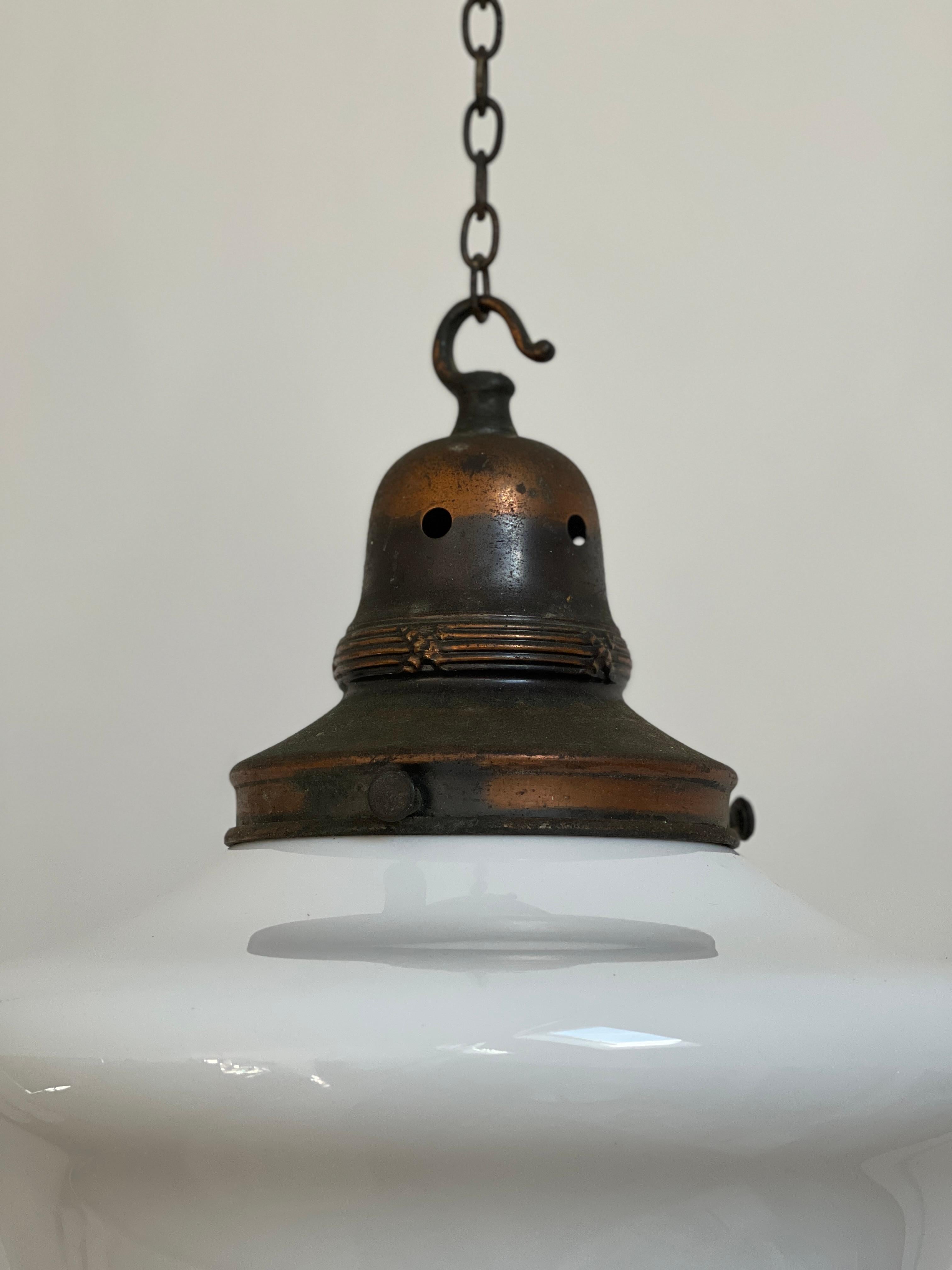 Copper Pair Vintage Antique Church Opaline Milk White Glass Ceiling Pendant Light Lamp