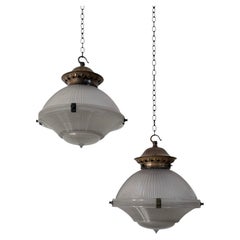 Pair Vintage Antique English Three Part Holophane Glass Ceiling Pendant Light