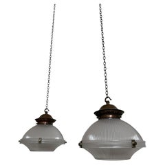 Pair Antique Antique Two Part Copper Holophane Glass Ceiling Pendants Light Lamp