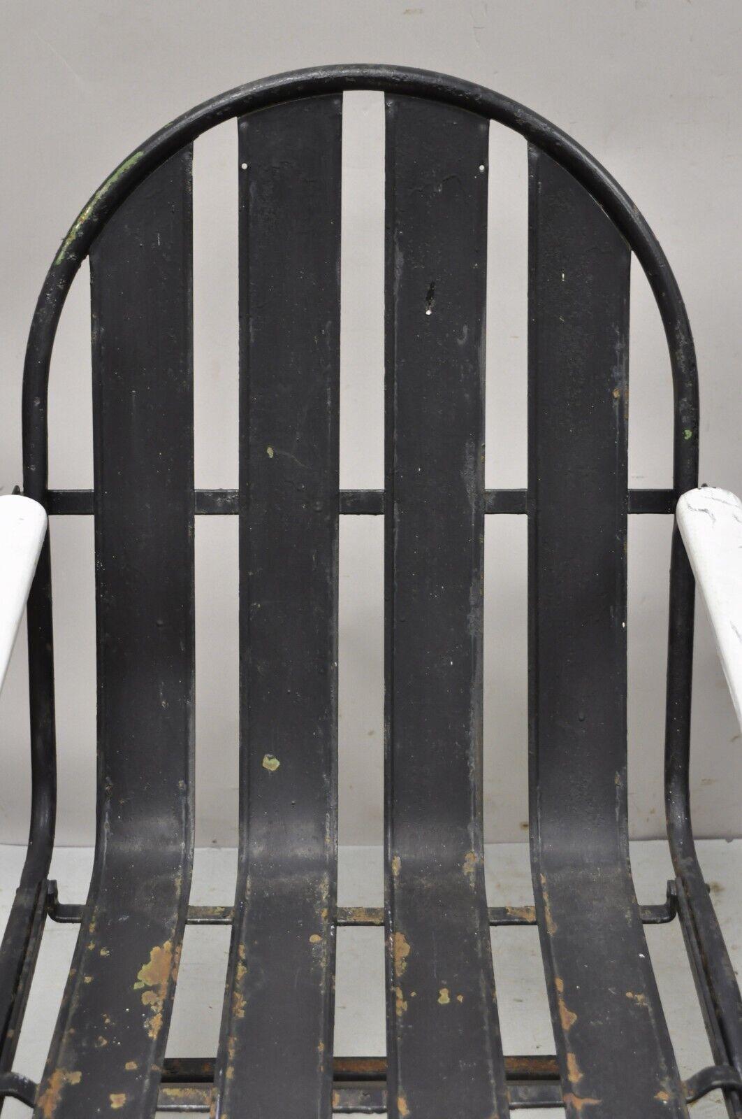 Pair Vintage Art Deco Black and White Steel Metal Slat Patio Bouncer Chairs In Good Condition For Sale In Philadelphia, PA