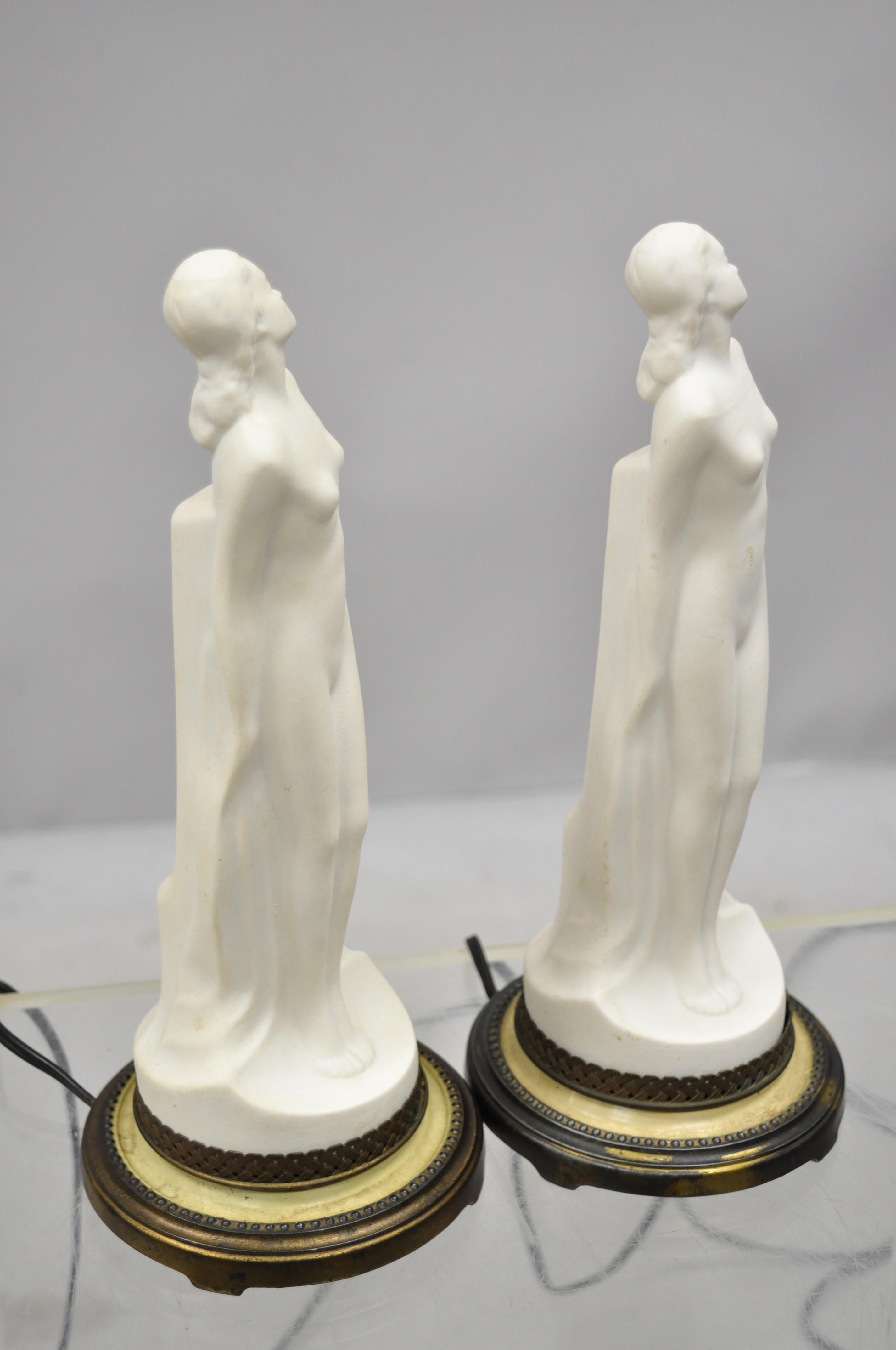 Vintage Art Nouveau French Style Ceramic Figural Woman Boudoir Table Lamps, Pair 1