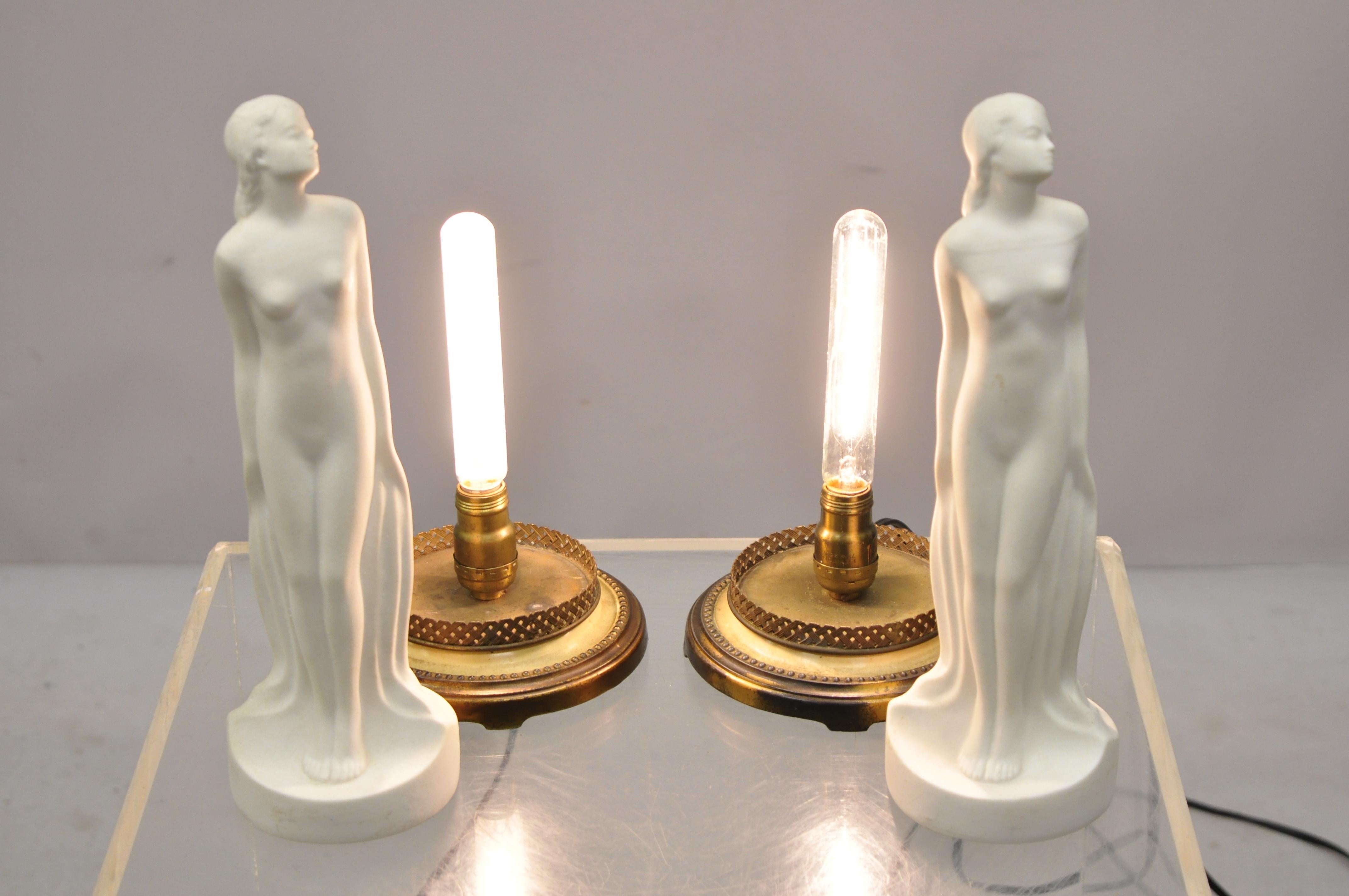 Vintage Art Nouveau French Style Ceramic Figural Woman Boudoir Table Lamps, Pair 3