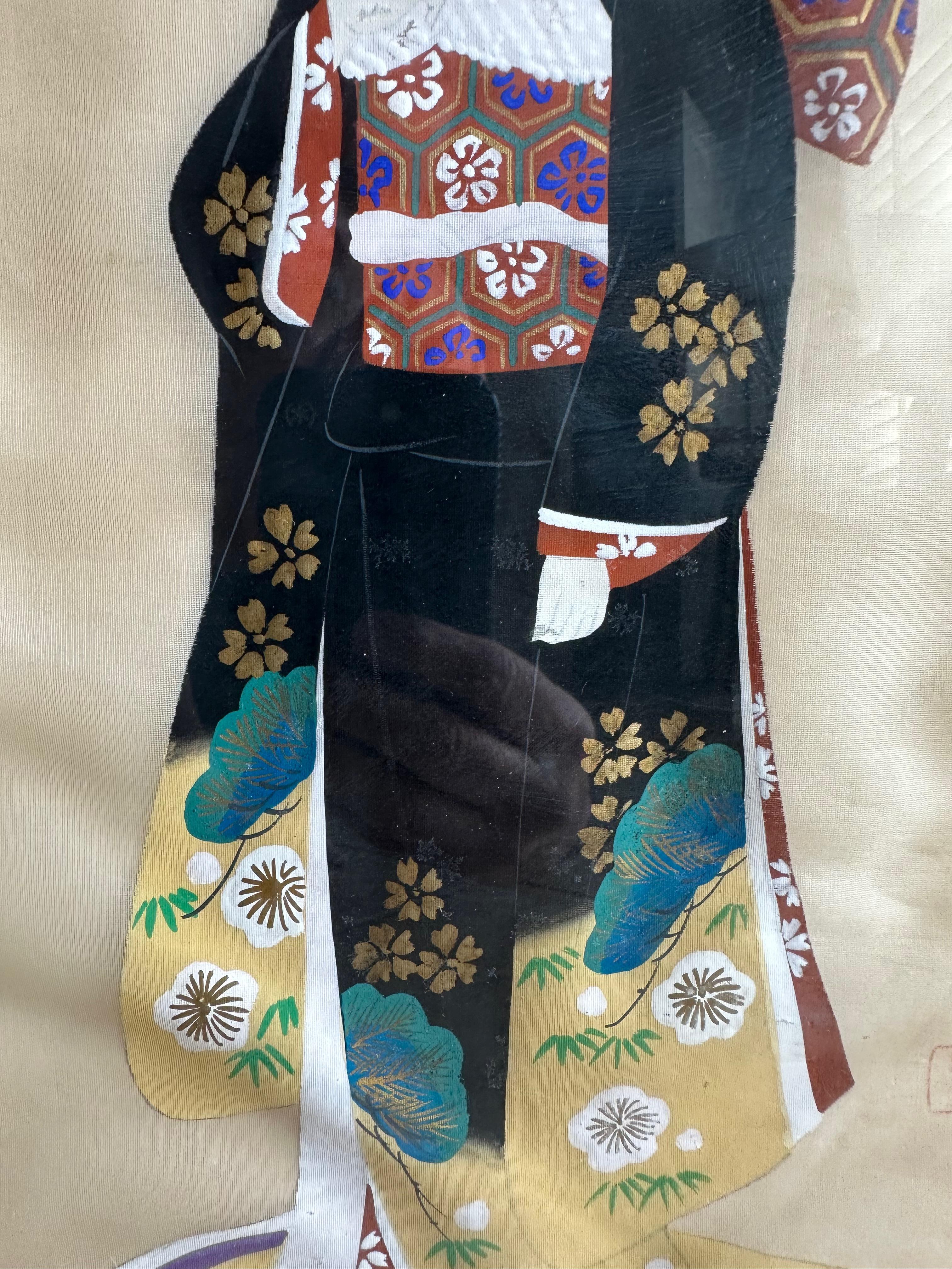 Coppia di dipinti asiatici giapponesi d'epoca con cornice in seta e acquerello in vendita 4