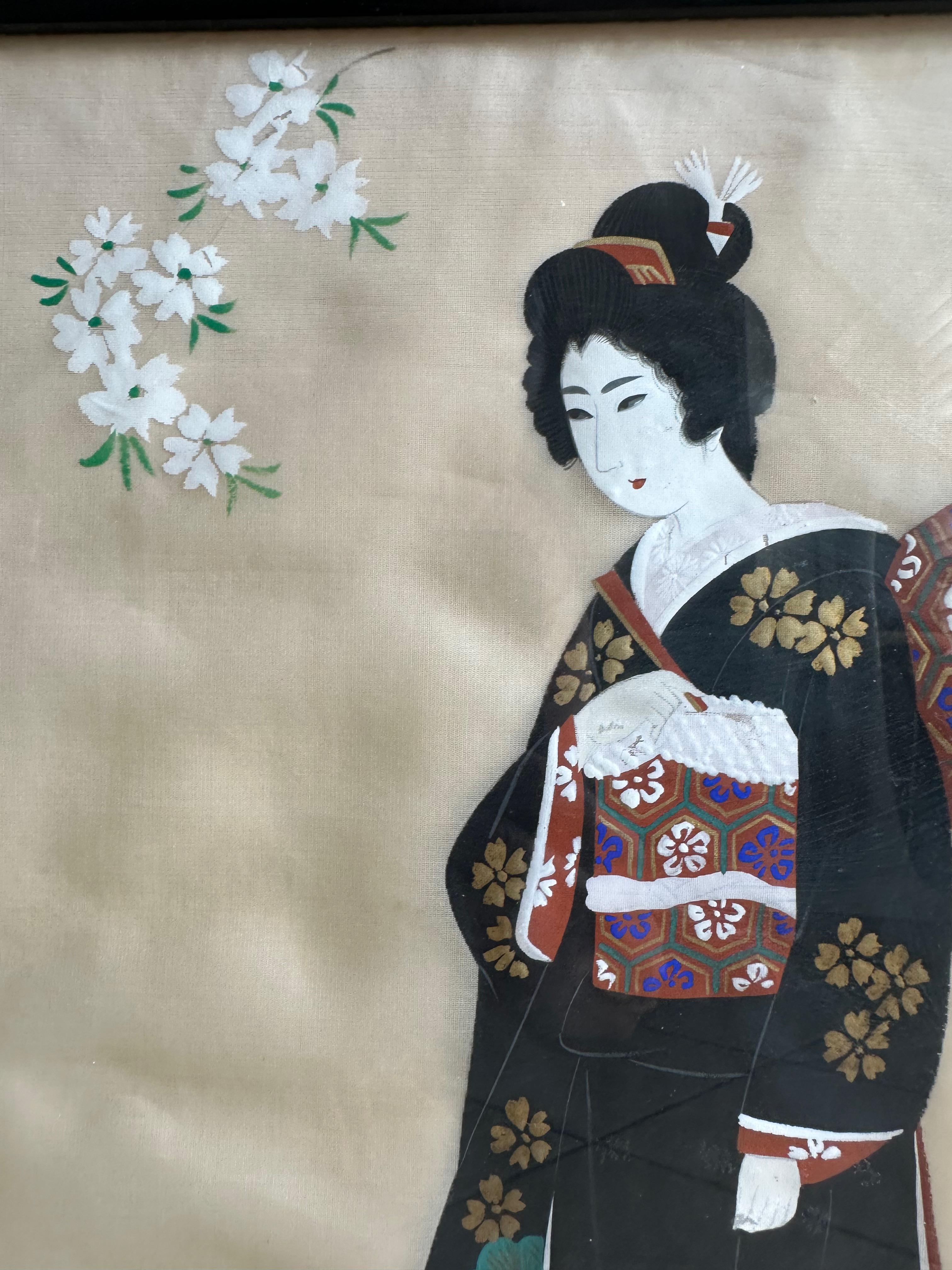 Coppia di dipinti asiatici giapponesi d'epoca con cornice in seta e acquerello in vendita 5