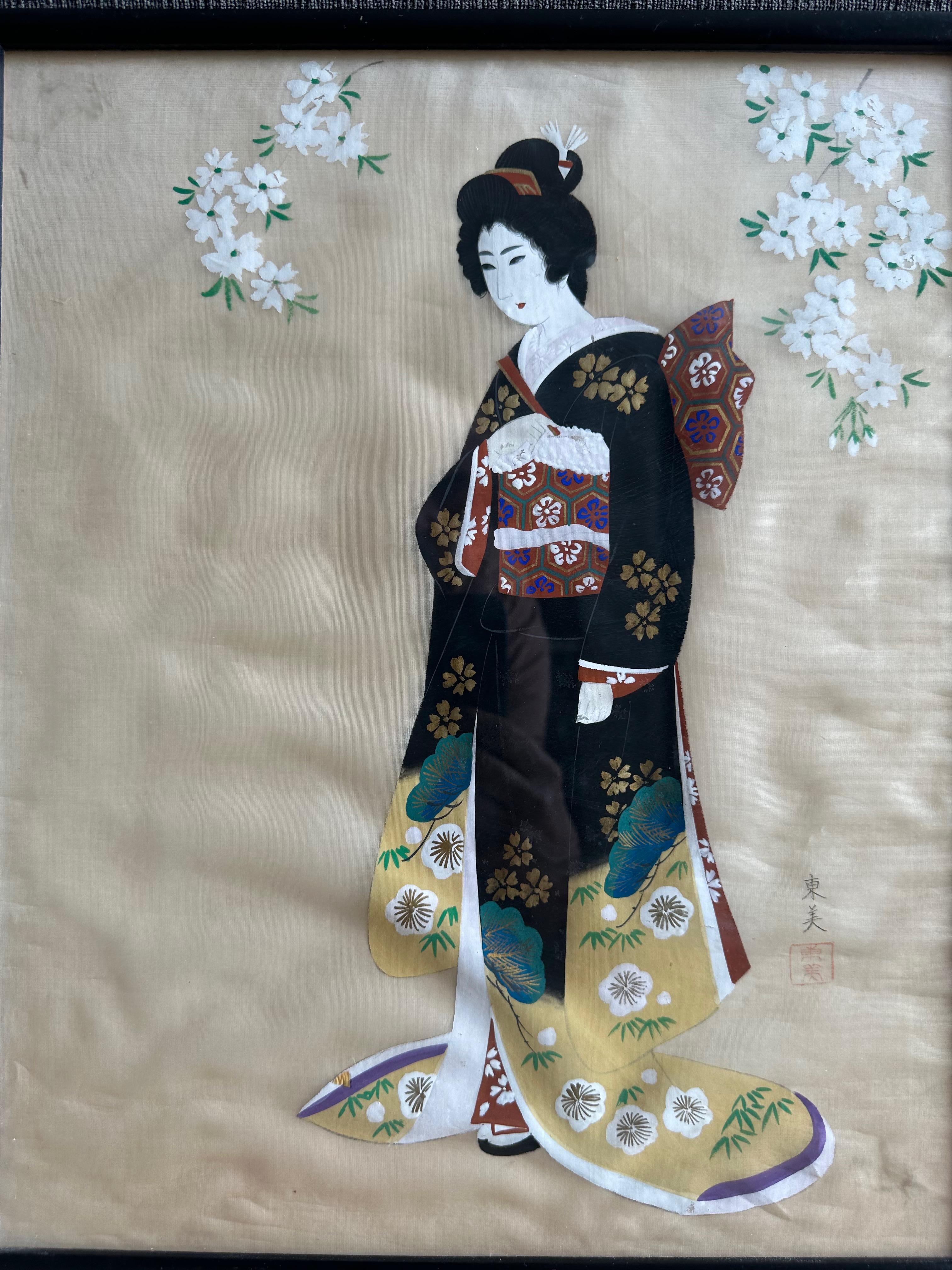 Coppia di dipinti asiatici giapponesi d'epoca con cornice in seta e acquerello in vendita 6