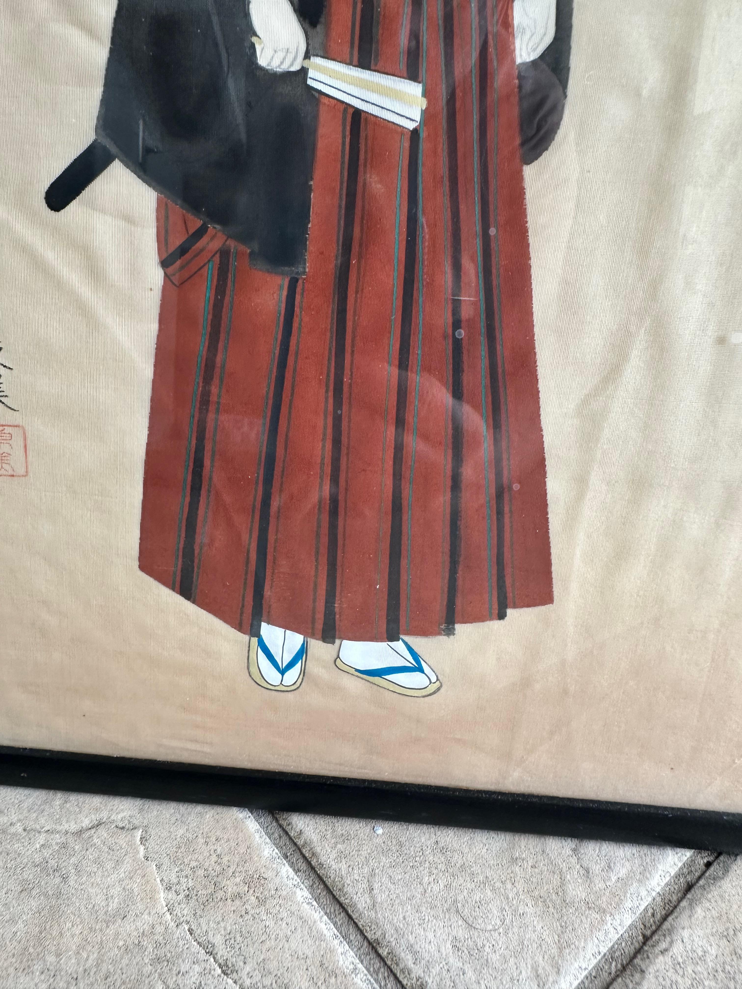 Coppia di dipinti asiatici giapponesi d'epoca con cornice in seta e acquerello in vendita 8