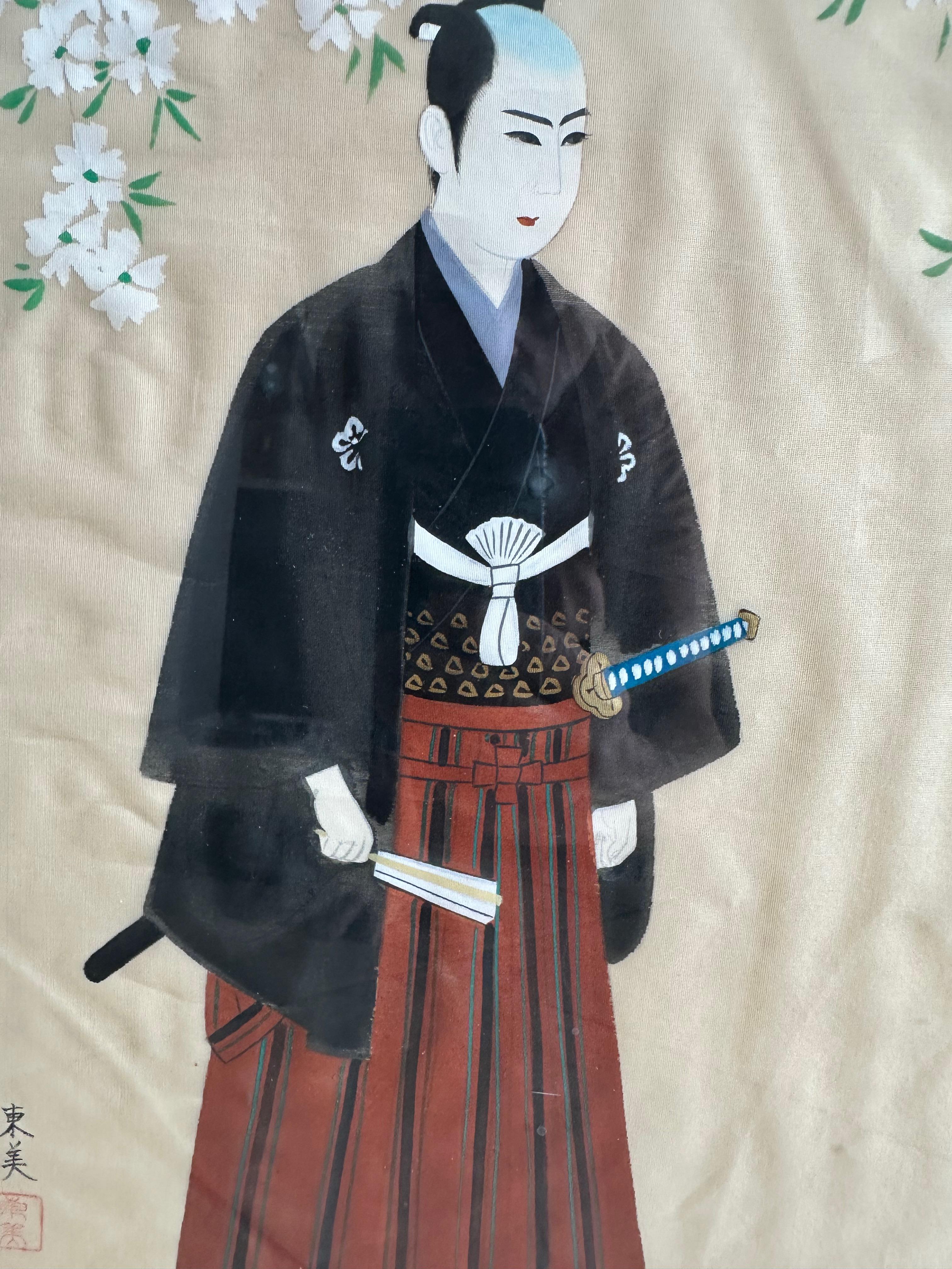 Coppia di dipinti asiatici giapponesi d'epoca con cornice in seta e acquerello in vendita 9