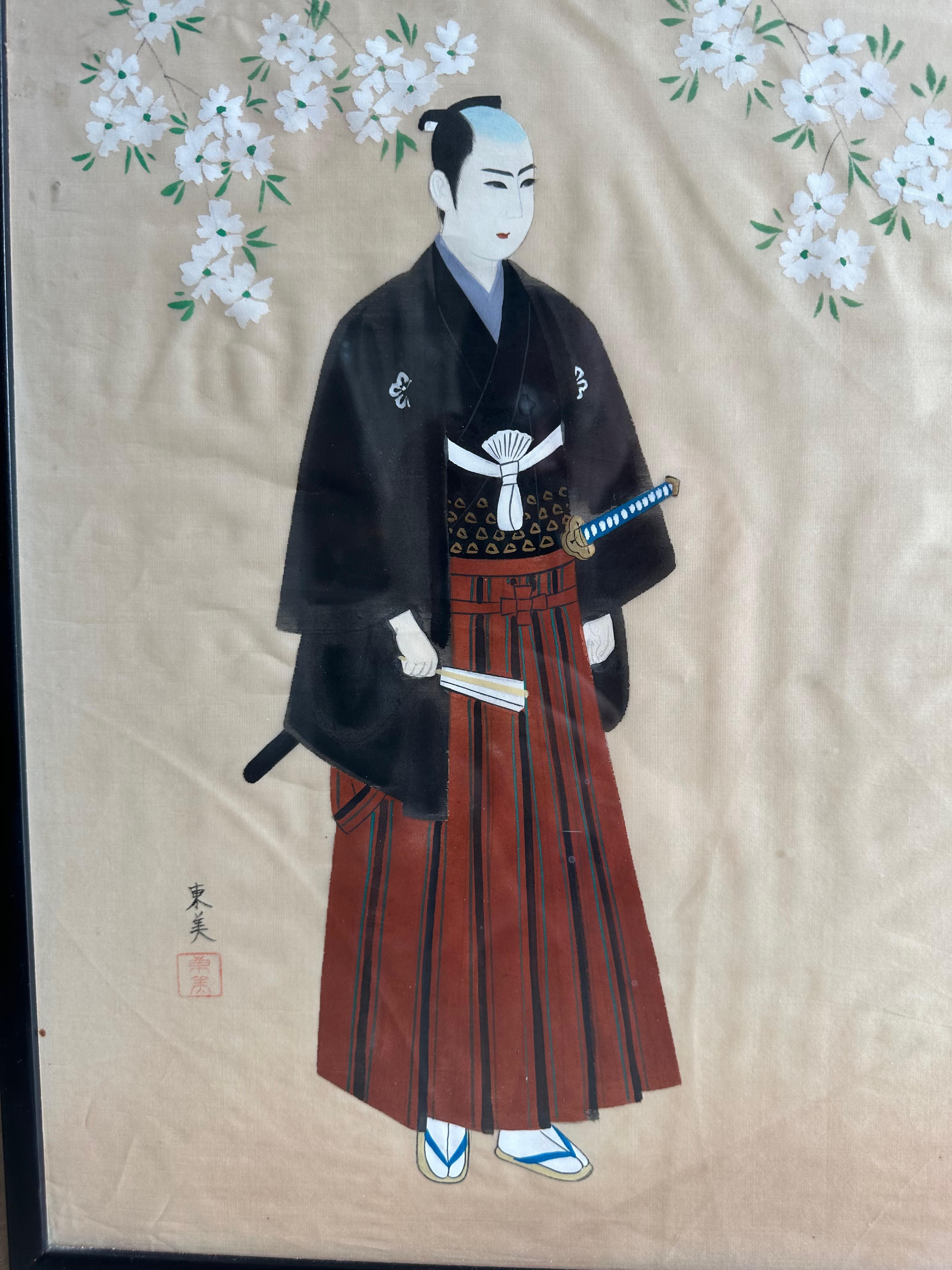 Coppia di dipinti asiatici giapponesi d'epoca con cornice in seta e acquerello in vendita 10