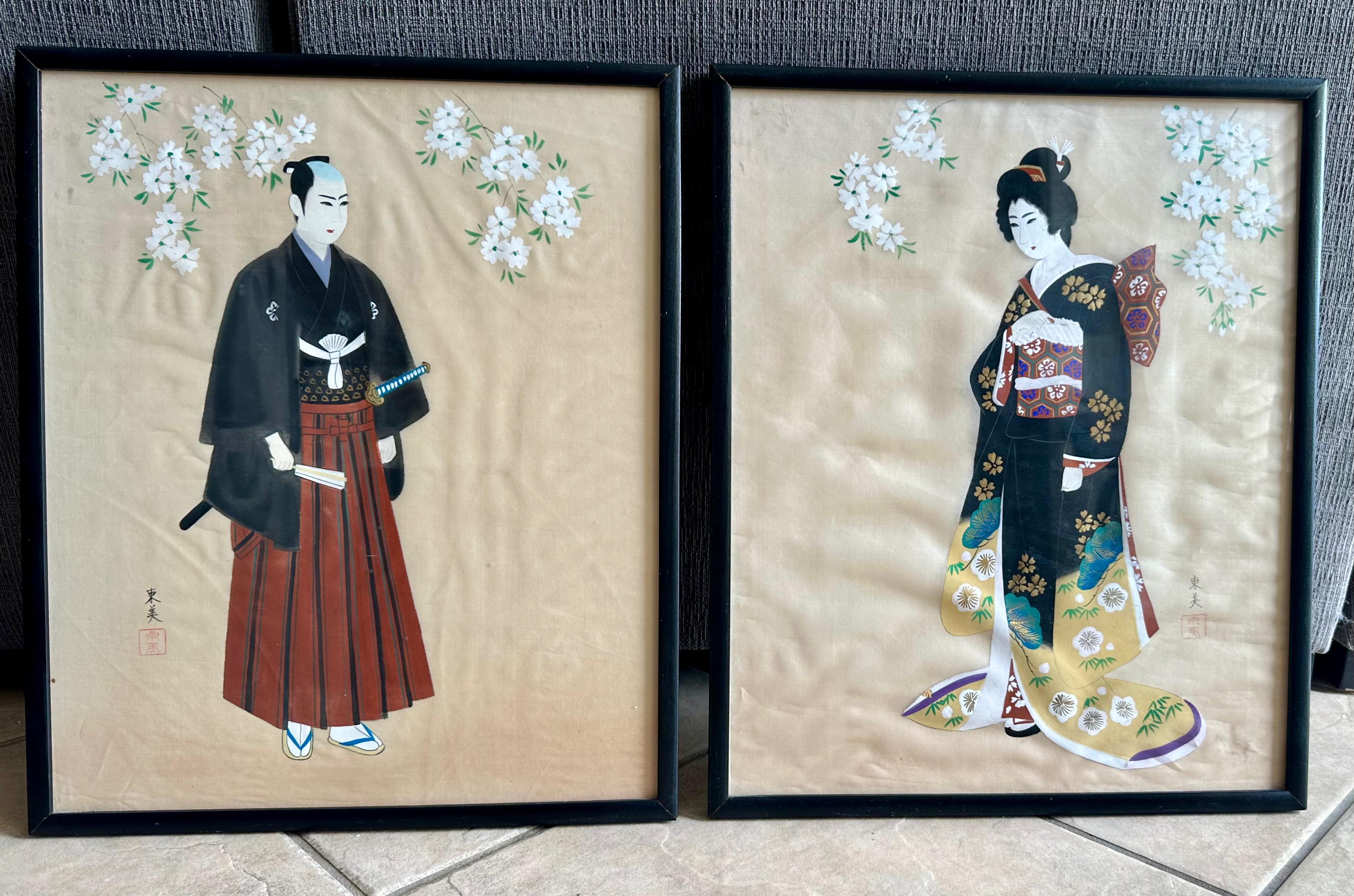 Coppia di dipinti asiatici giapponesi d'epoca con cornice in seta e acquerello in vendita 13