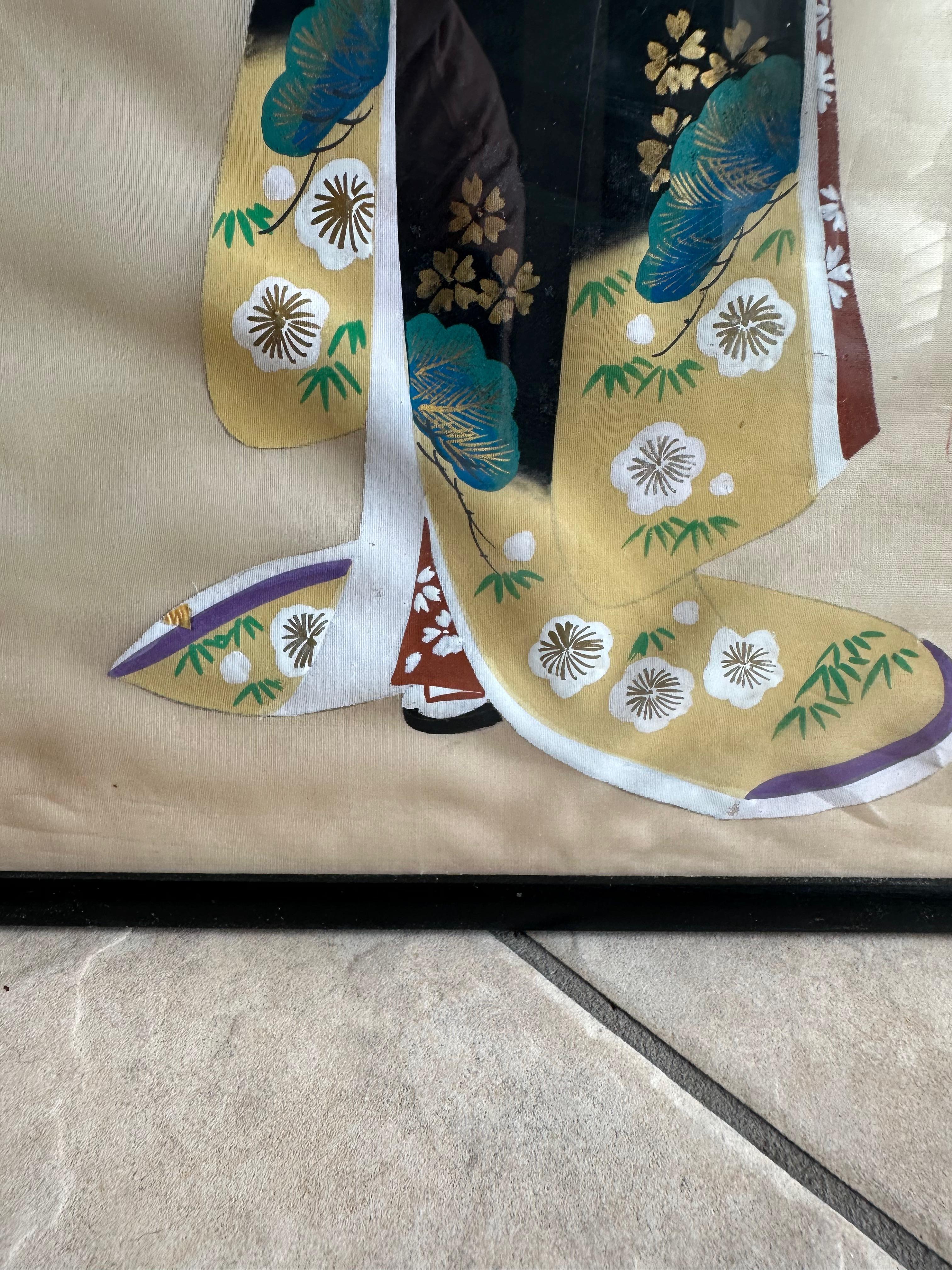 Coppia di dipinti asiatici giapponesi d'epoca con cornice in seta e acquerello in vendita 2