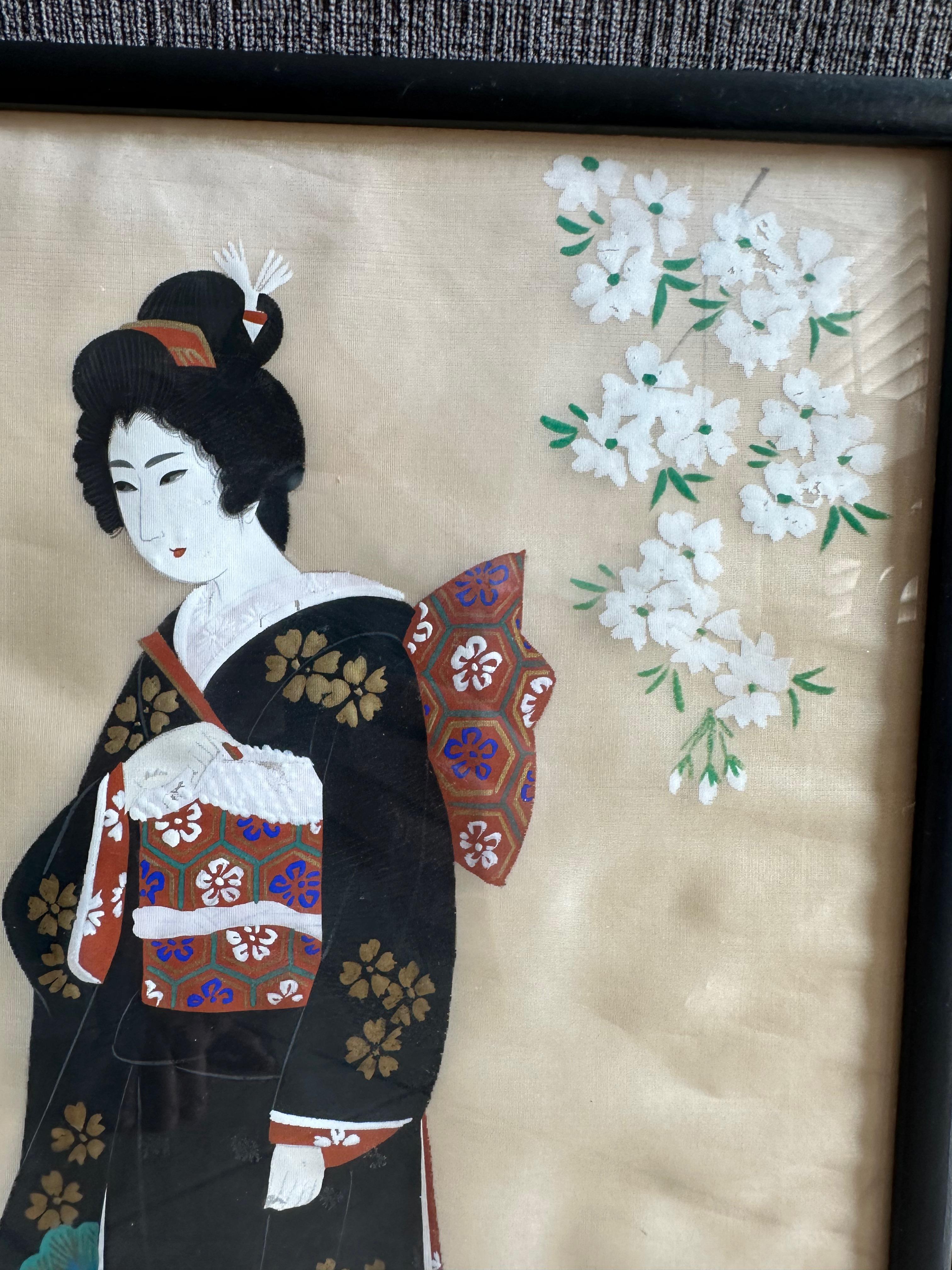 Coppia di dipinti asiatici giapponesi d'epoca con cornice in seta e acquerello in vendita 3