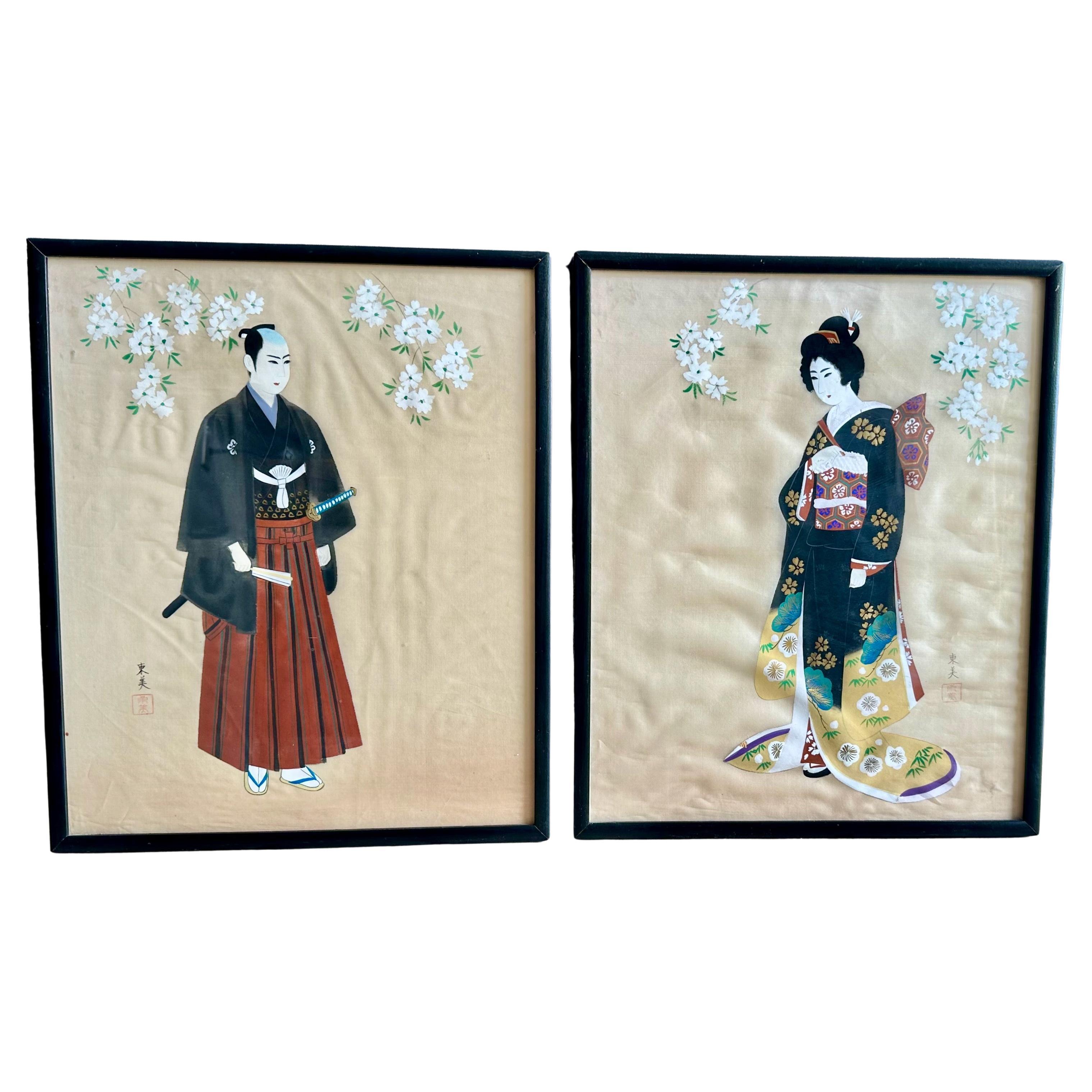 Coppia di dipinti asiatici giapponesi d'epoca con cornice in seta e acquerello
