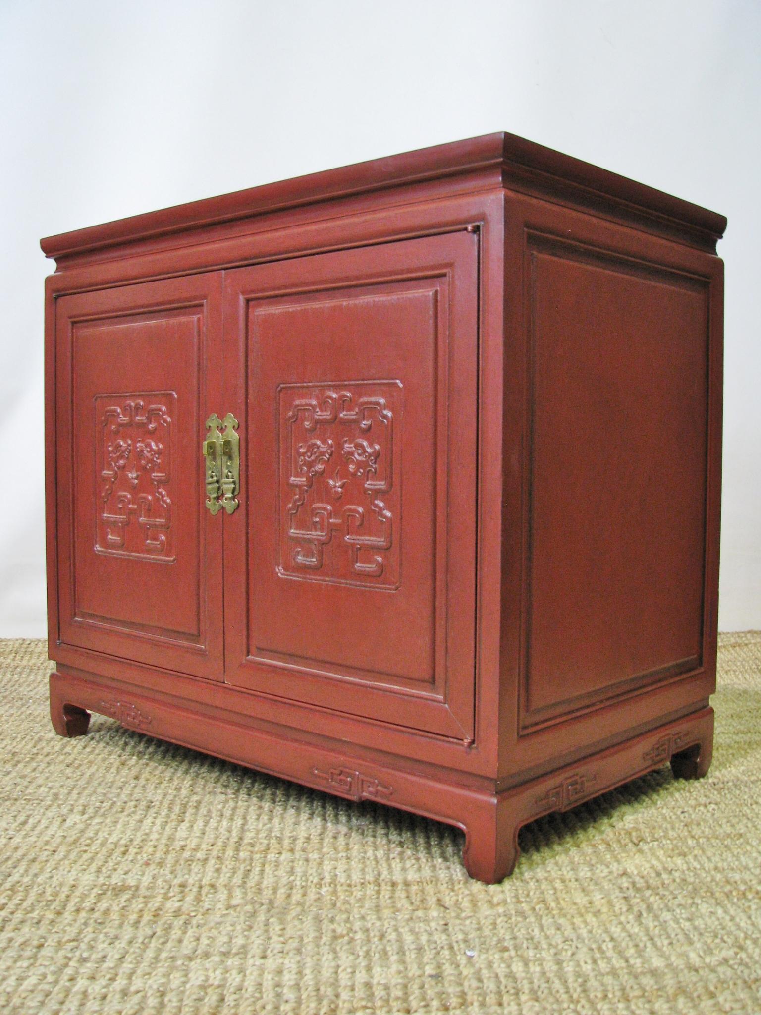 American Pair of Vintage Asian Style Painted Cabinets, Red Mottled Effect Finish For Sale