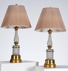 Pair - Vintage Baccarat Style Cut Crystal & Gilt Bronze Table Lamps, Silk Shades