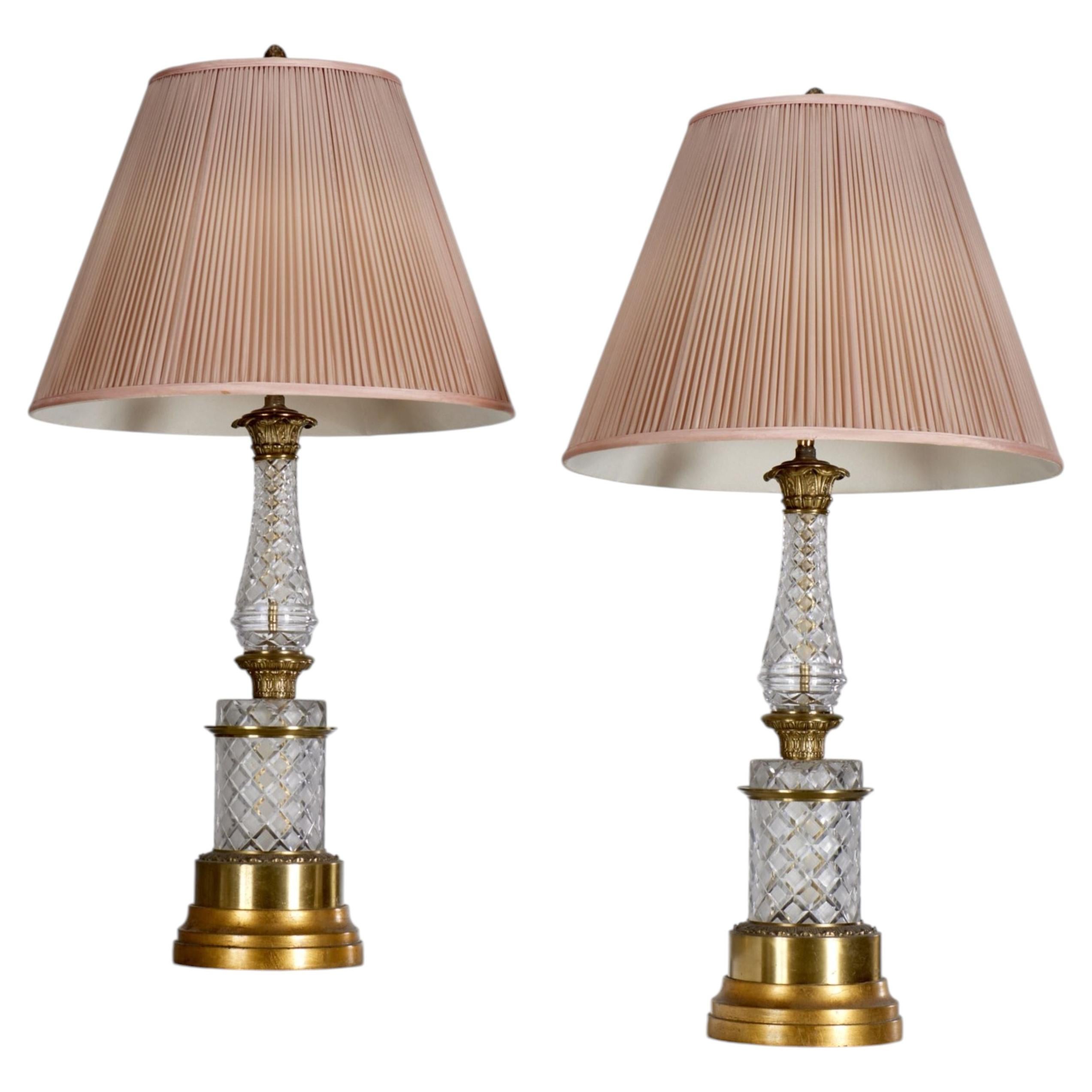 Pair - Vintage Baccarat Style Cut Crystal & Gilt Bronze Table Lamps, Silk Shades For Sale