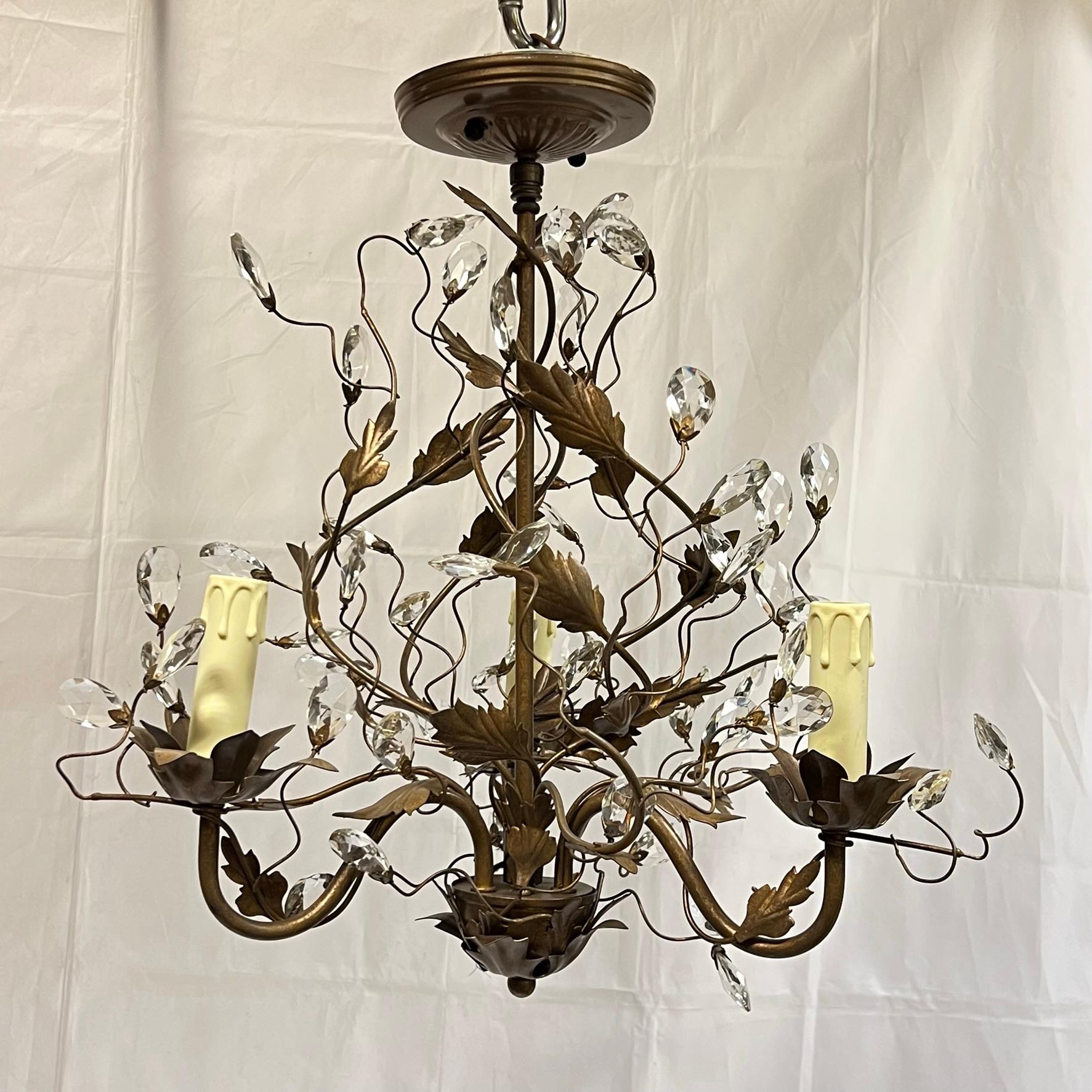 Pair Vintage Bagues Style Patinated Metal and Glass Three-Light Chandeliers For Sale 7