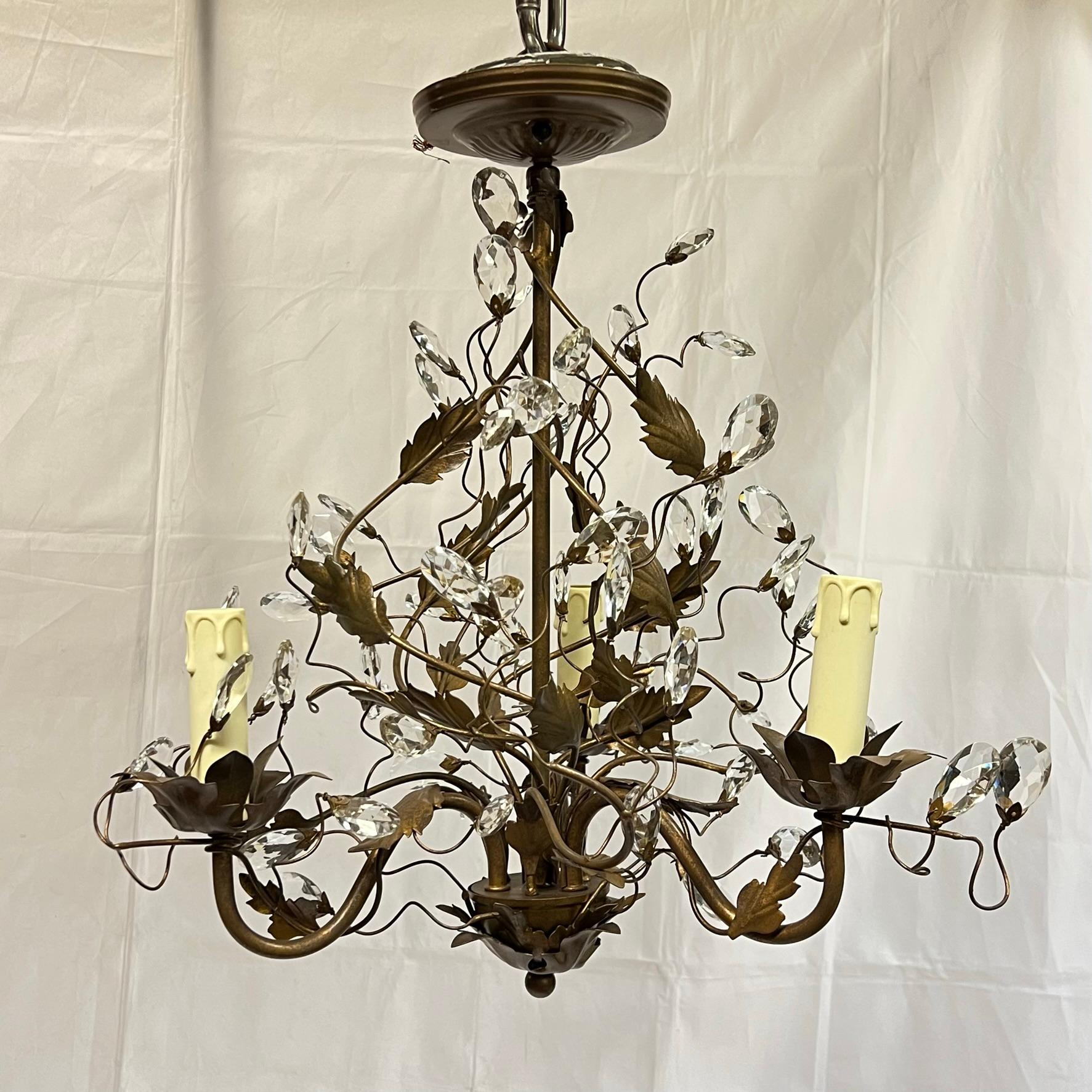 Pair Vintage Bagues Style Patinated Metal and Glass Three-Light Chandeliers In Good Condition For Sale In New York, NY