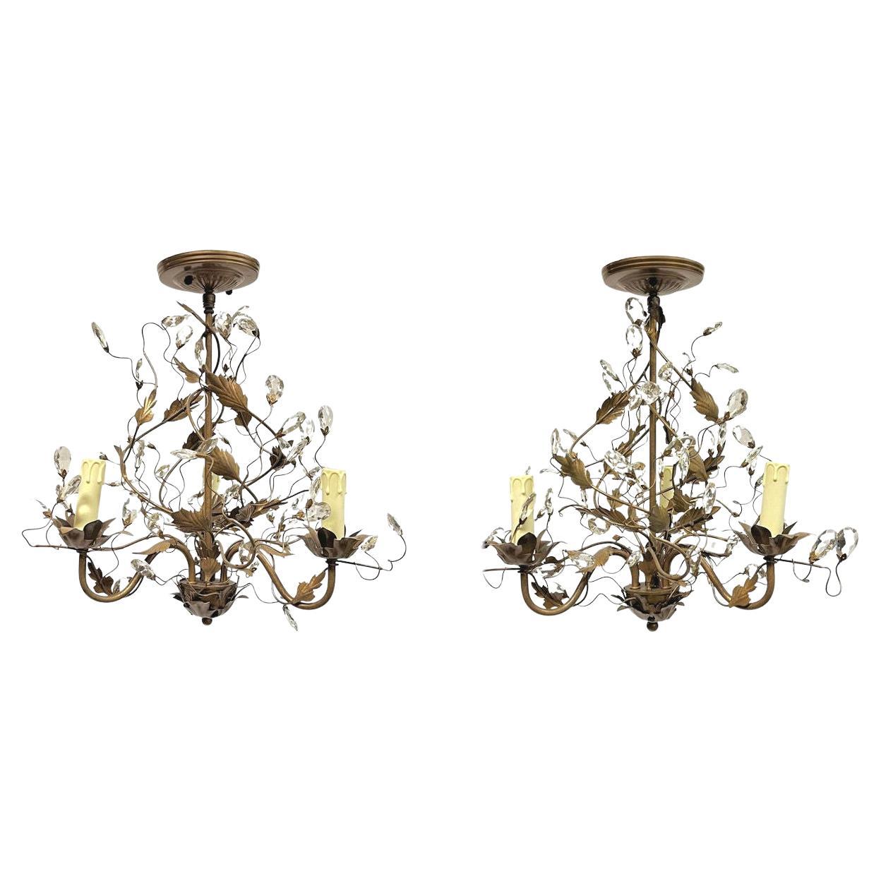 Pair Vintage Bagues Style Patinated Metal and Glass Three-Light Chandeliers For Sale