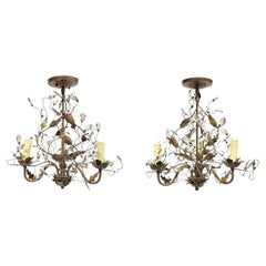 Pair Vintage Bagues Style Patinated Metal and Glass Three-Light Chandeliers
