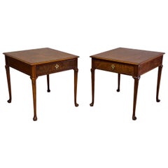 Pair Vintage Baker Queen Anne Side Tables w/ Drawer - Walnut + Burl + Brass