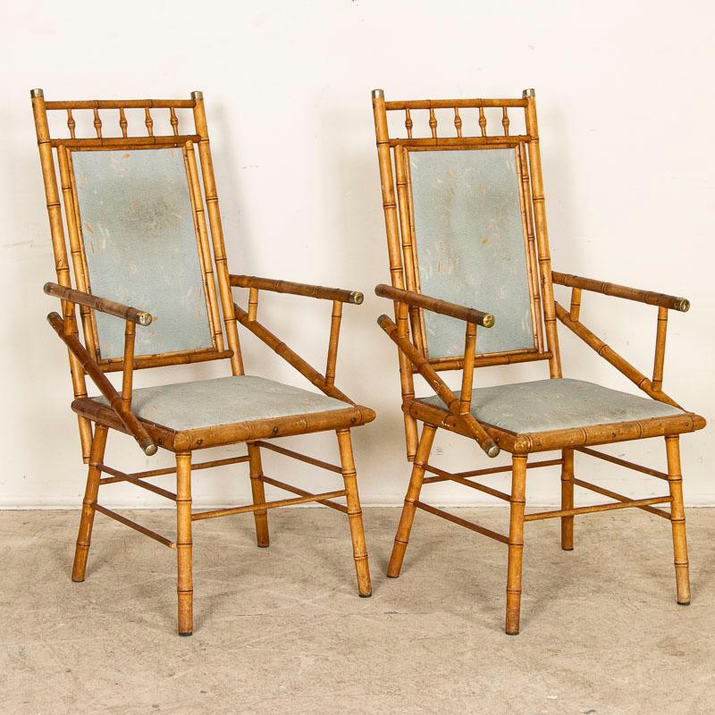 English Pair, Vintage Bamboo Arm Chairs with Fabric Back and Seats from England