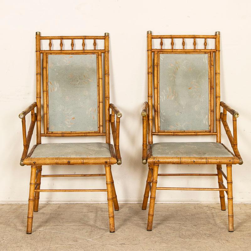 Pair, Vintage Bamboo Arm Chairs with Fabric Back and Seats from England In Good Condition In Round Top, TX