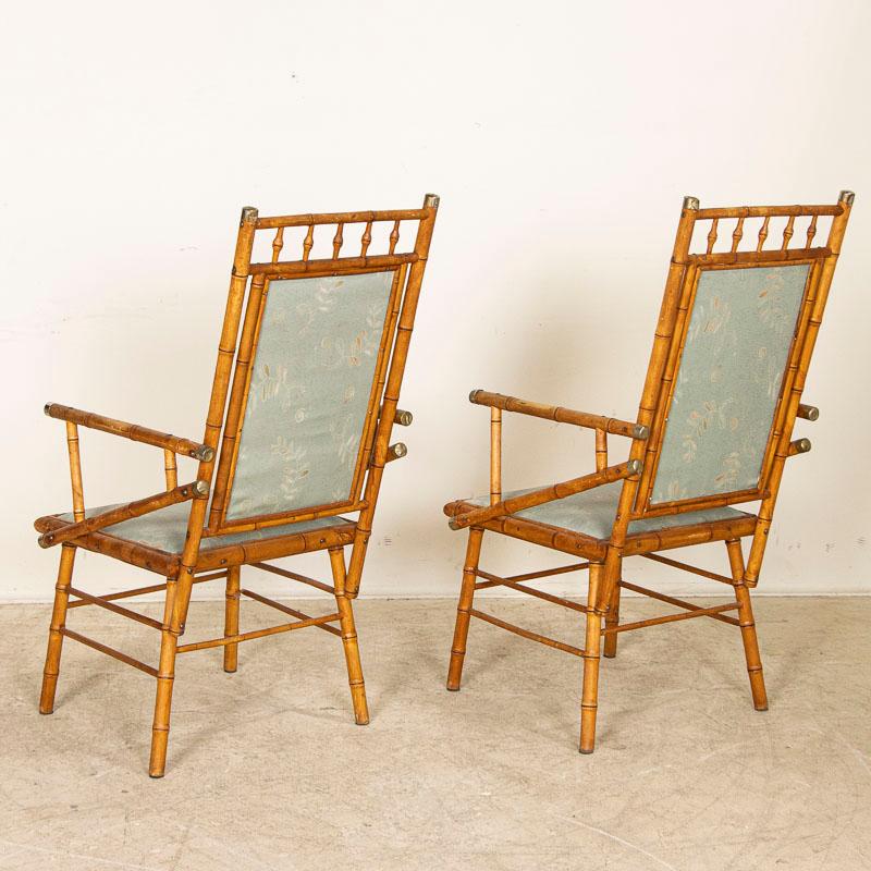 20th Century Pair, Vintage Bamboo Arm Chairs with Fabric Back and Seats from England