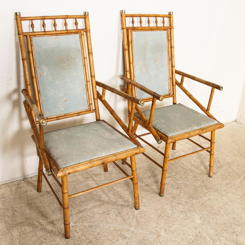 Pair, Vintage Bamboo Arm Chairs with Fabric Back and Seats from England 1