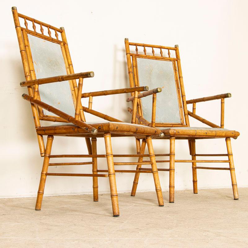 Pair, Vintage Bamboo Arm Chairs with Fabric Back and Seats from England 2