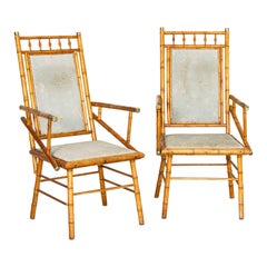 Pair, Vintage Bamboo Arm Chairs with Fabric Back and Seats from England