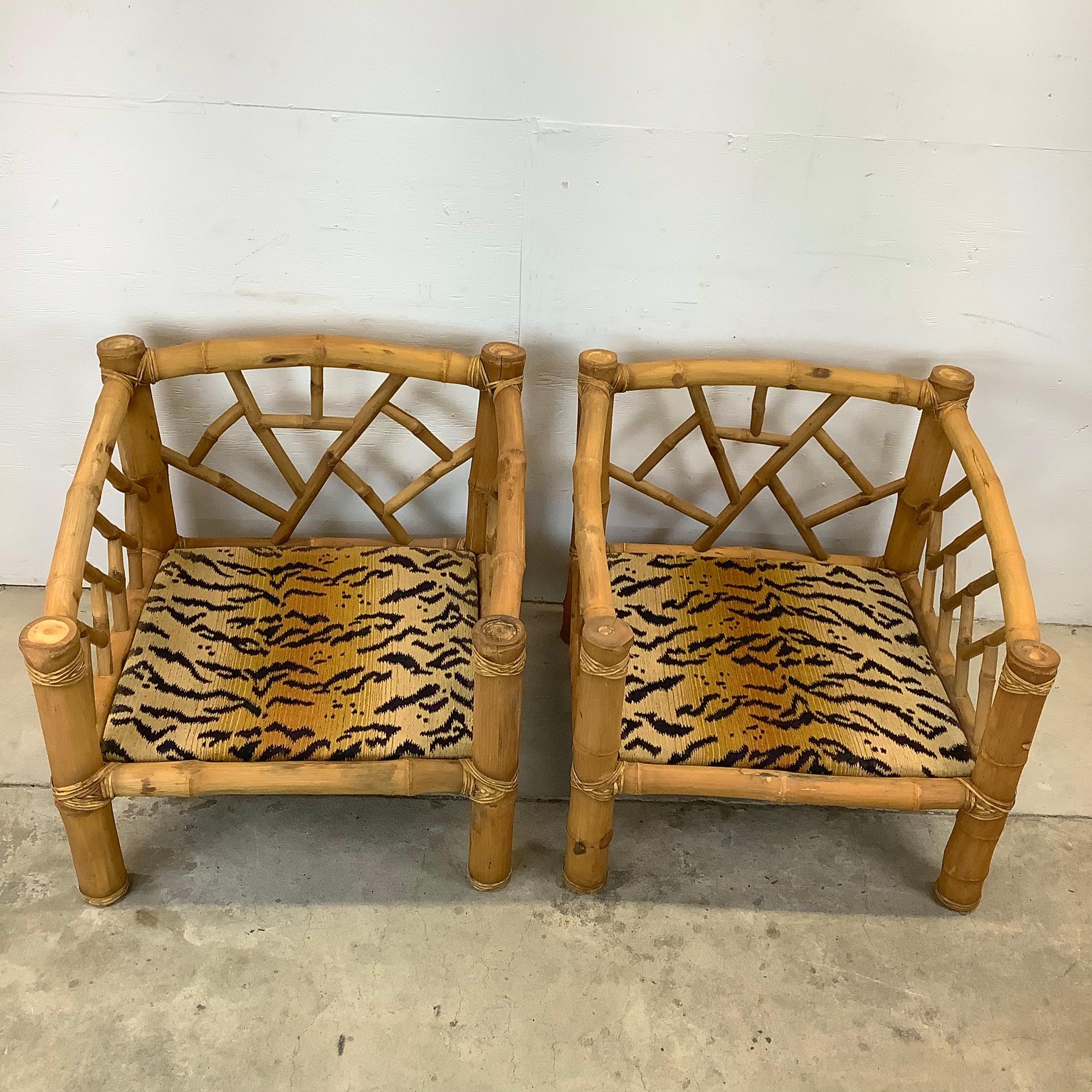 Pair Vintage Bamboo Armchairs & Ottoman in Tiger Print For Sale 3