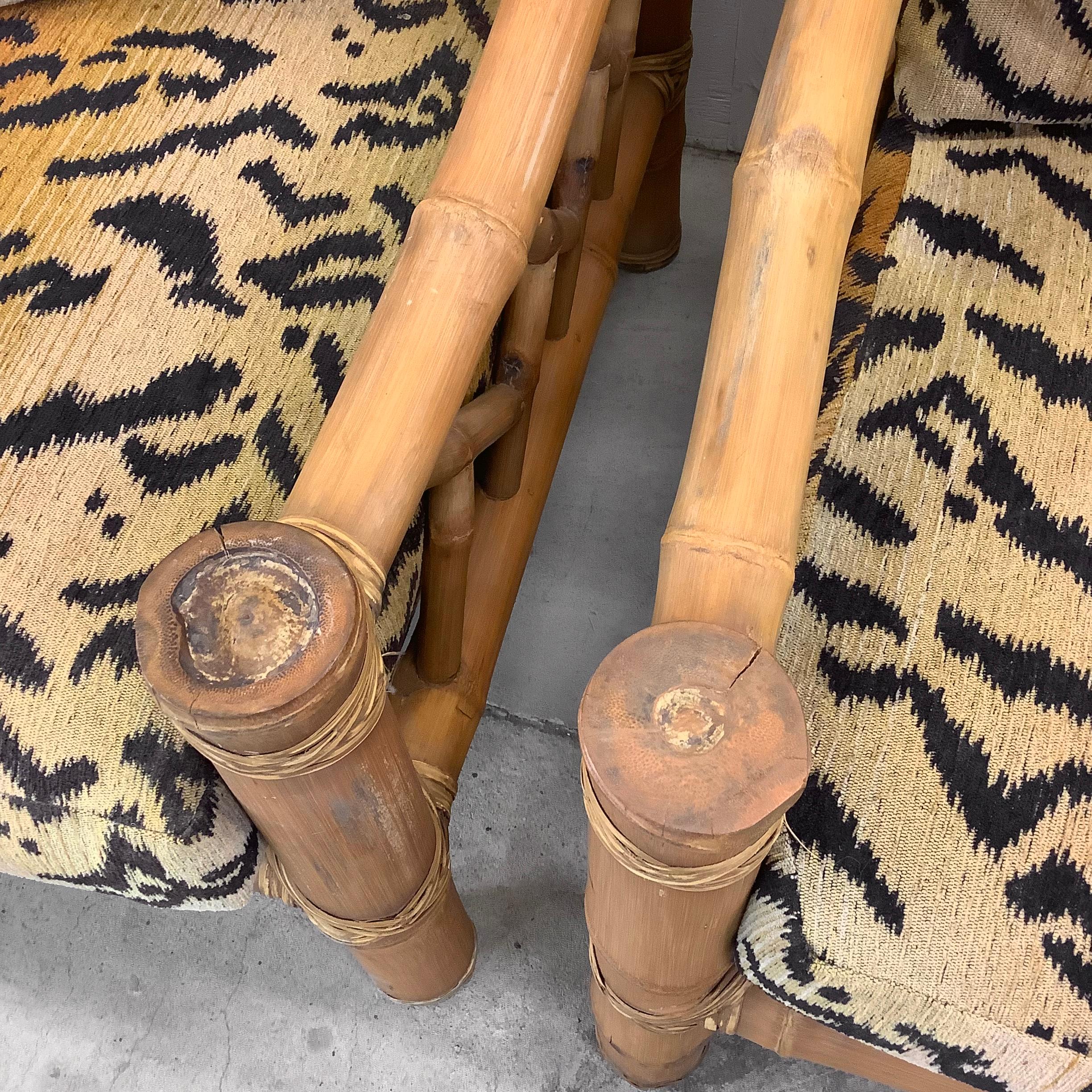 Pair Vintage Bamboo Armchairs & Ottoman in Tiger Print For Sale 6