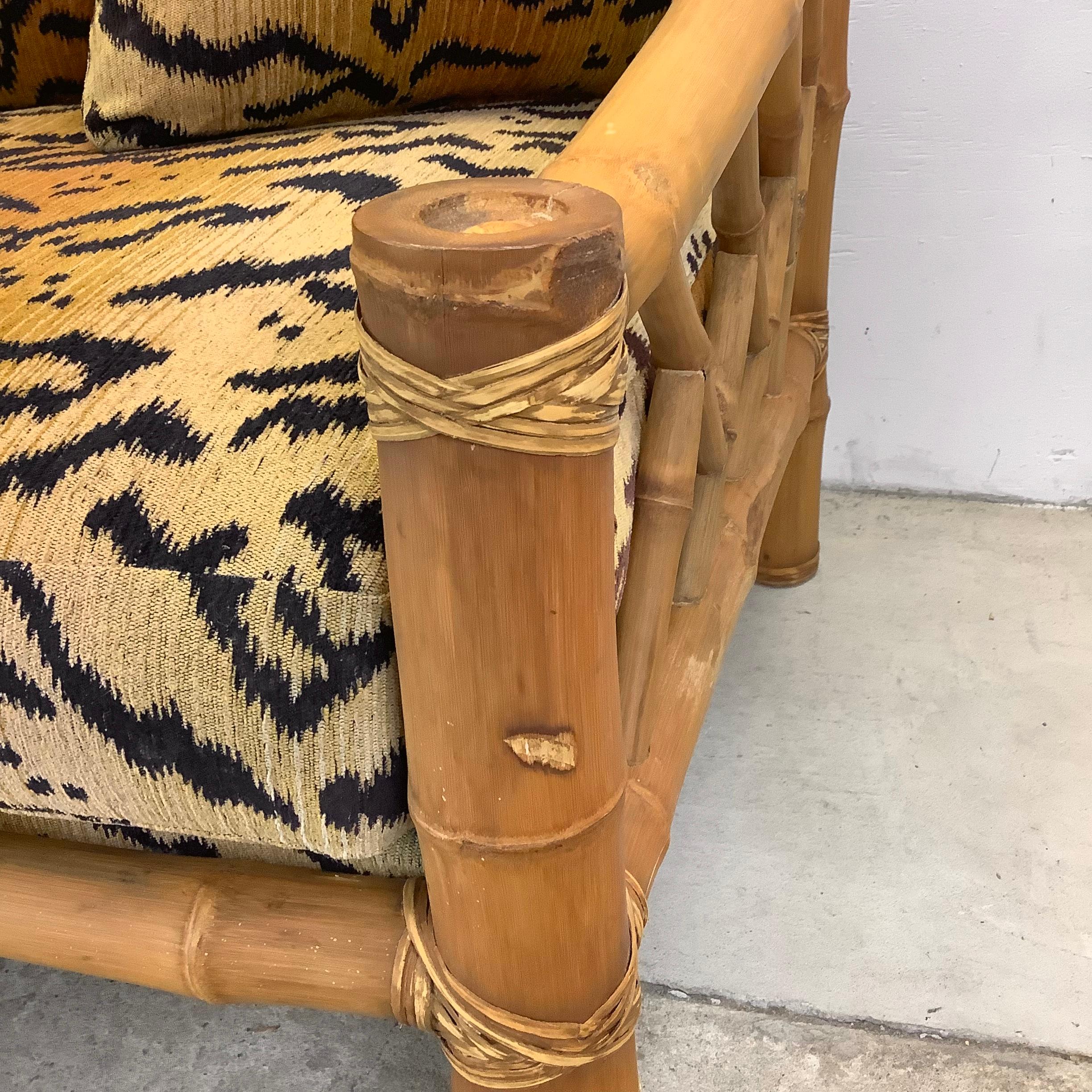 Pair Vintage Bamboo Armchairs & Ottoman in Tiger Print For Sale 7
